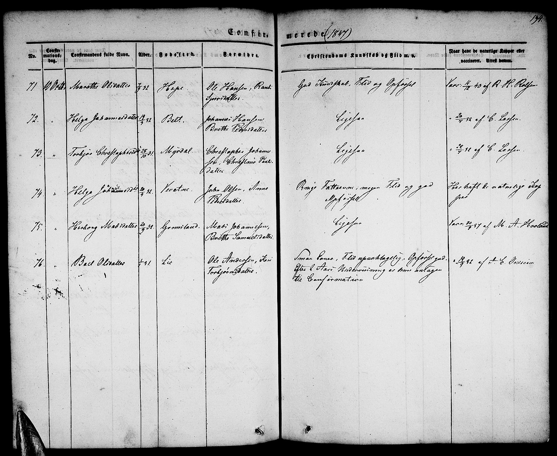 Tysnes sokneprestembete, AV/SAB-A-78601/H/Haa: Parish register (official) no. A 9, 1837-1848, p. 194