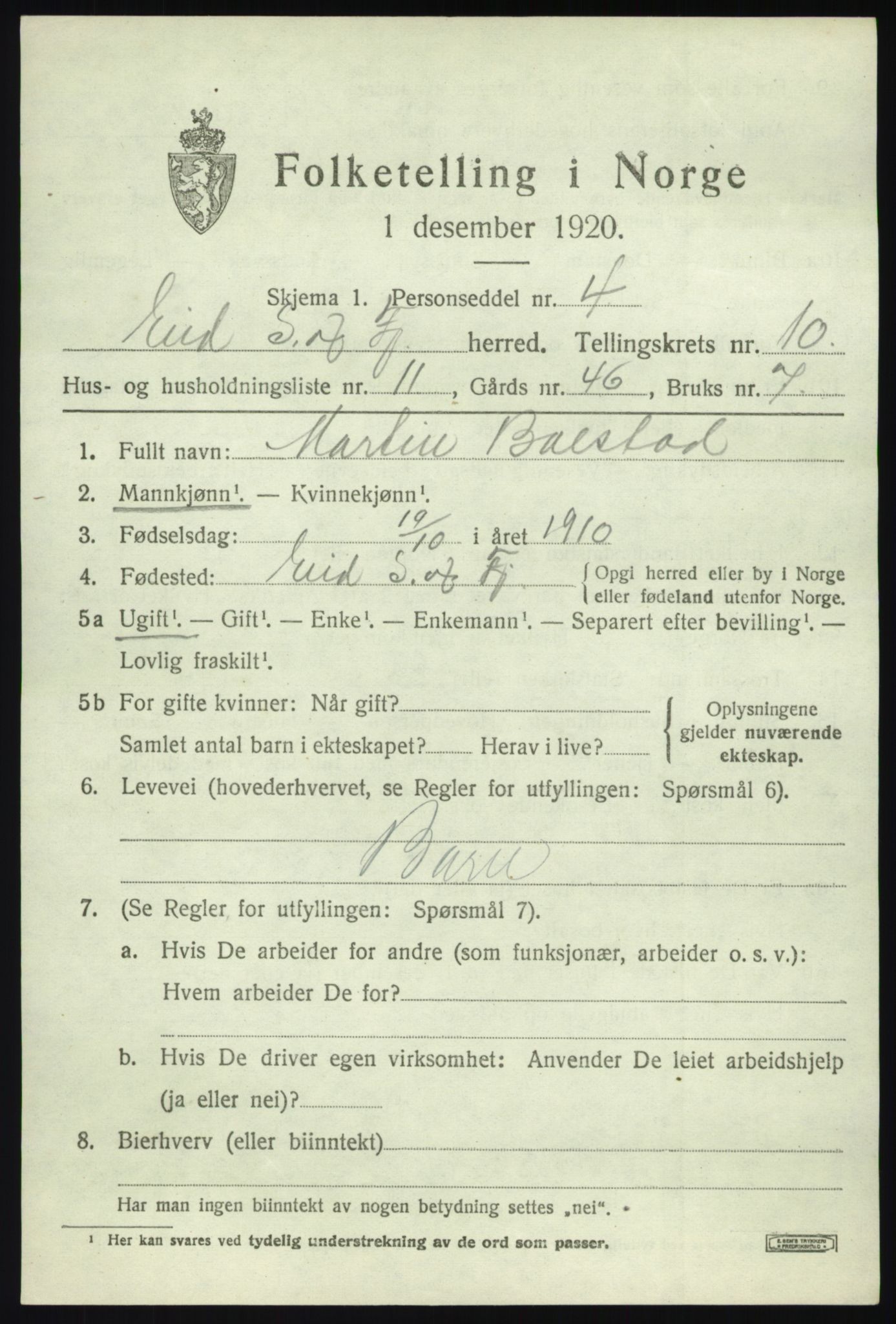 SAB, 1920 census for Eid, 1920, p. 5106