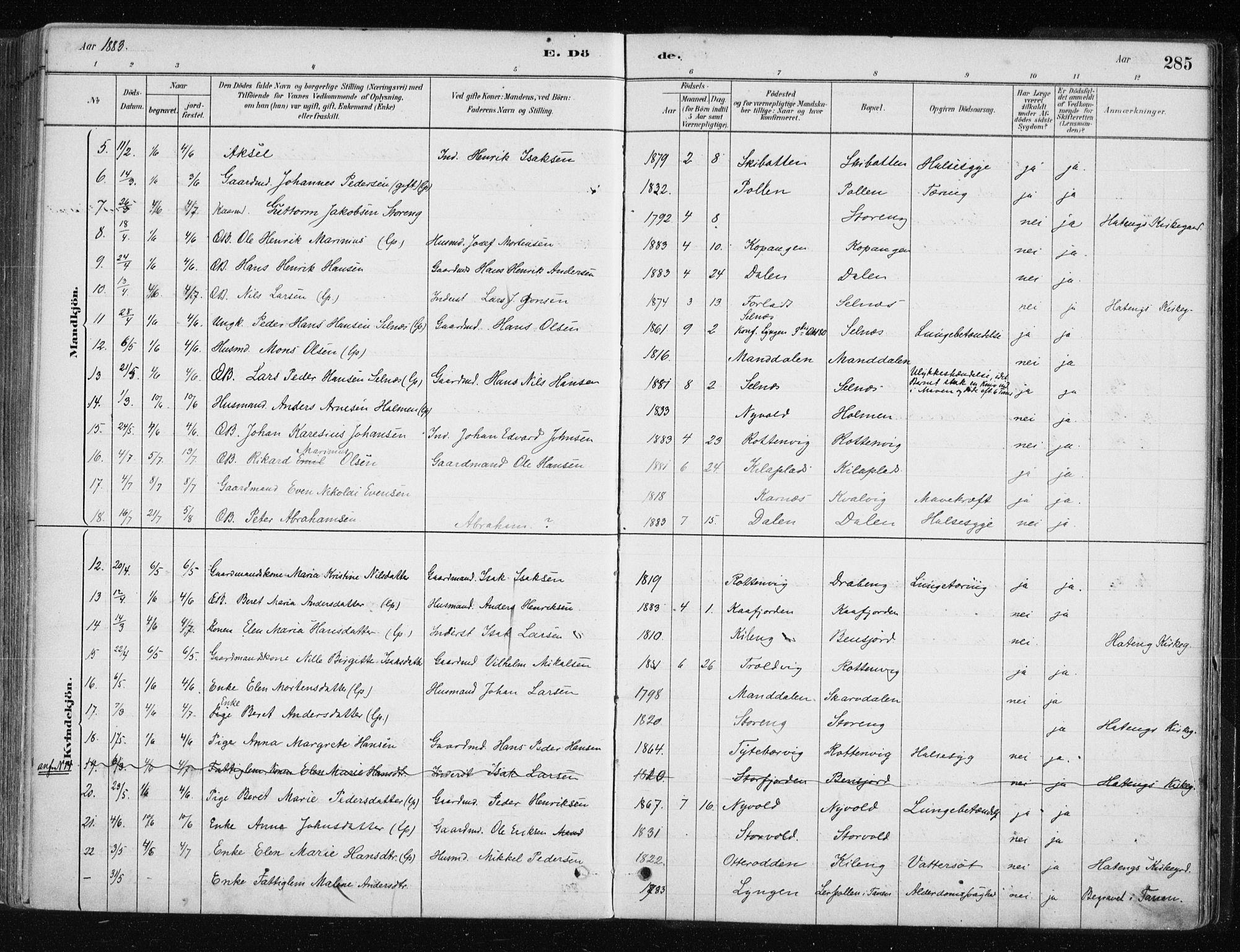 Lyngen sokneprestembete, AV/SATØ-S-1289/H/He/Hea/L0007kirke: Parish register (official) no. 7, 1879-1890, p. 285