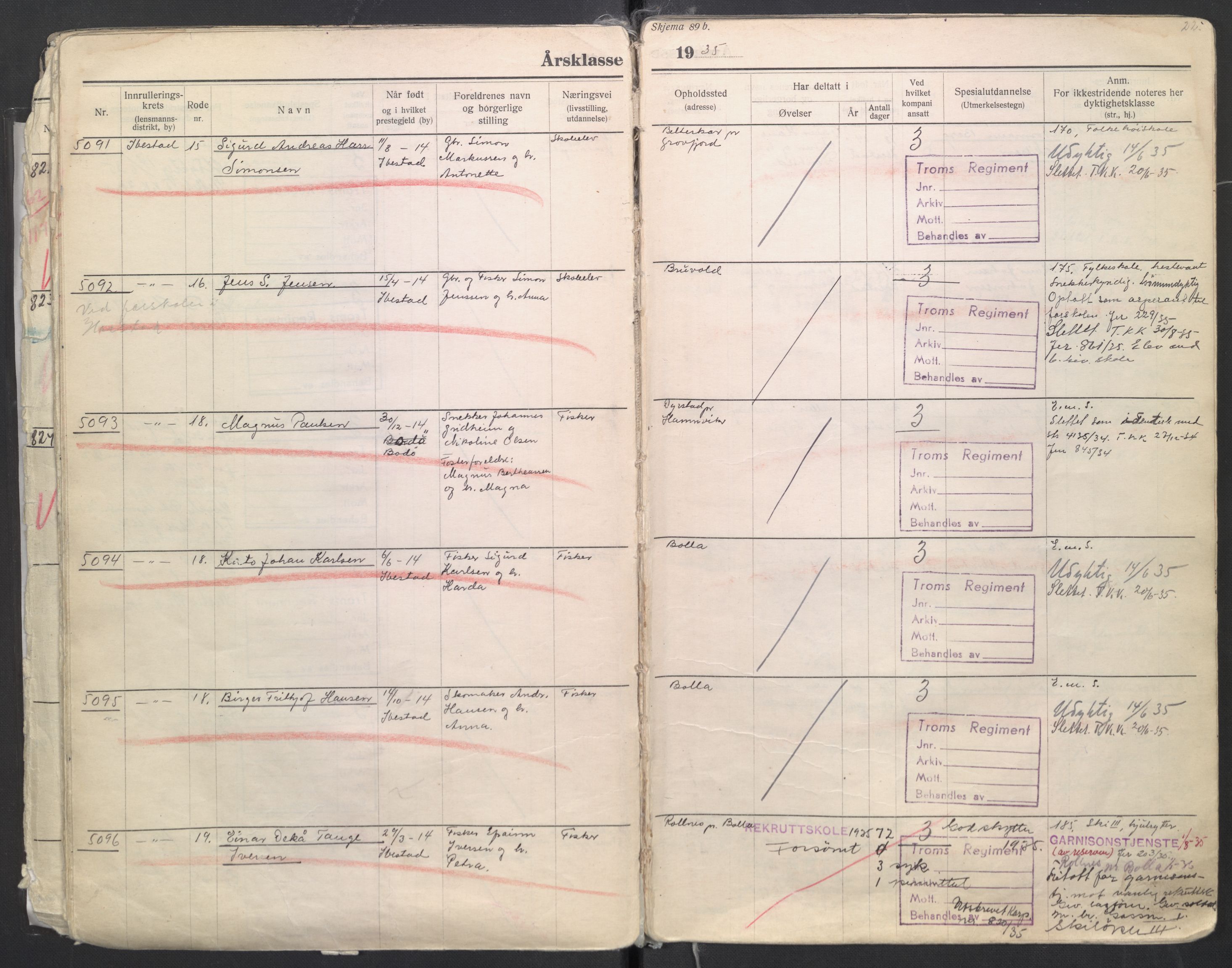 Forsvaret, Troms infanteriregiment nr. 16, AV/RA-RAFA-3146/P/Pa/L0006/0008: Ruller / Rulle for regimentets menige mannskaper, årsklasse 1935, 1935, p. 22