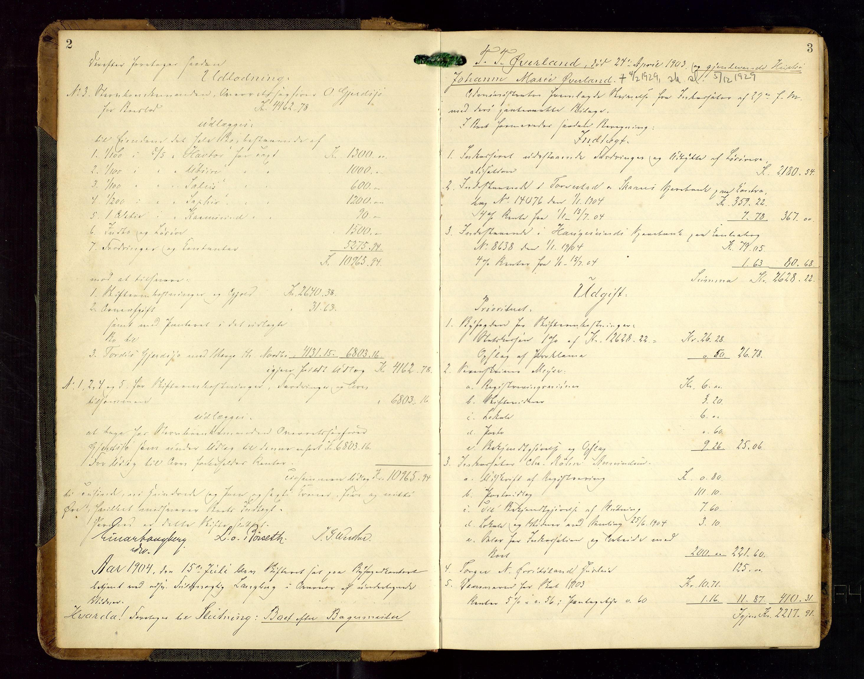 Haugesund tingrett, SAST/A-101415/01/IV/IVD/L0002: Skifteutlodningsprotokoll, med register, 1904-1915, p. 2-3