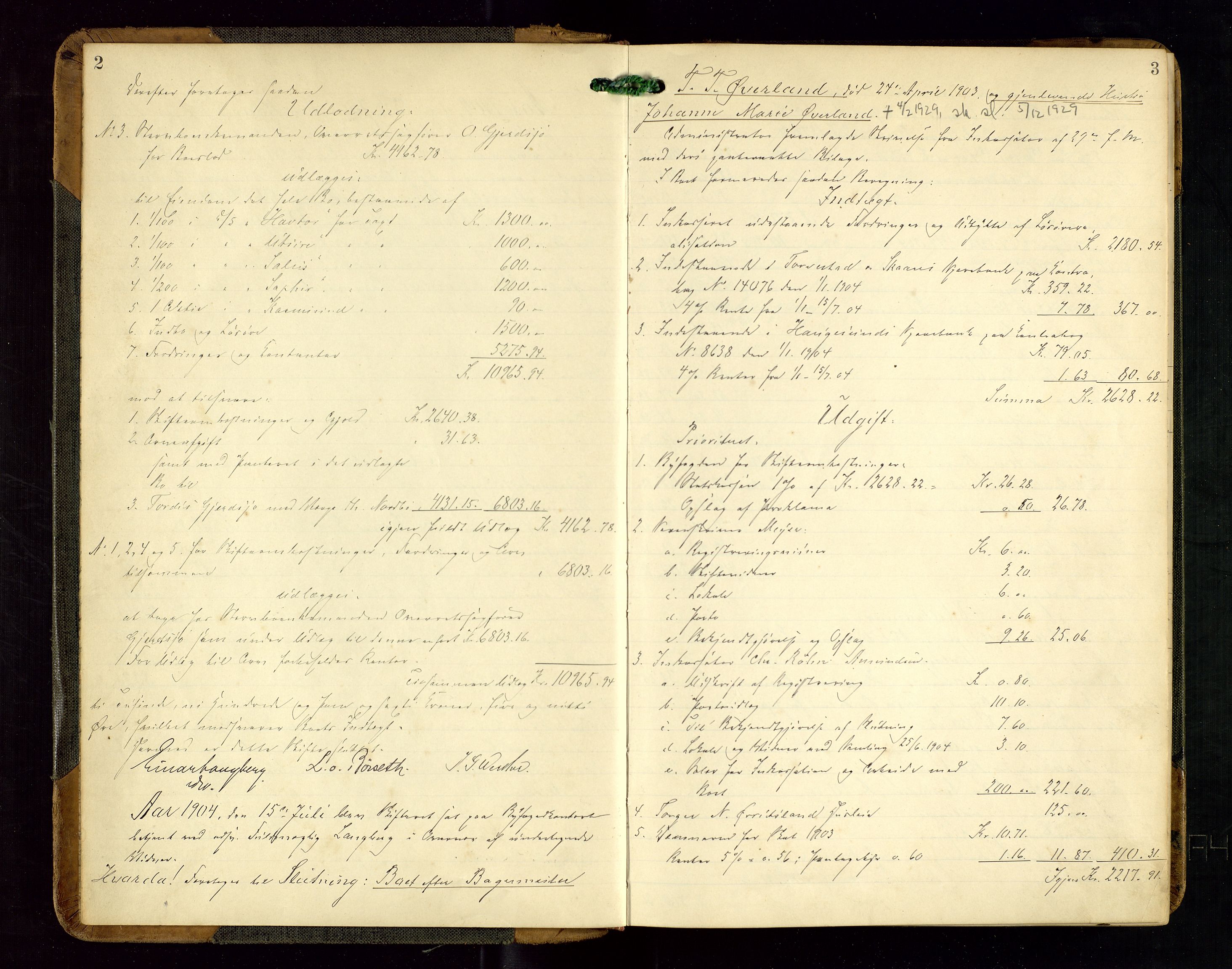 Haugesund tingrett, AV/SAST-A-101415/01/IV/IVD/L0002: Skifteutlodningsprotokoll, med register, 1904-1915, p. 2-3