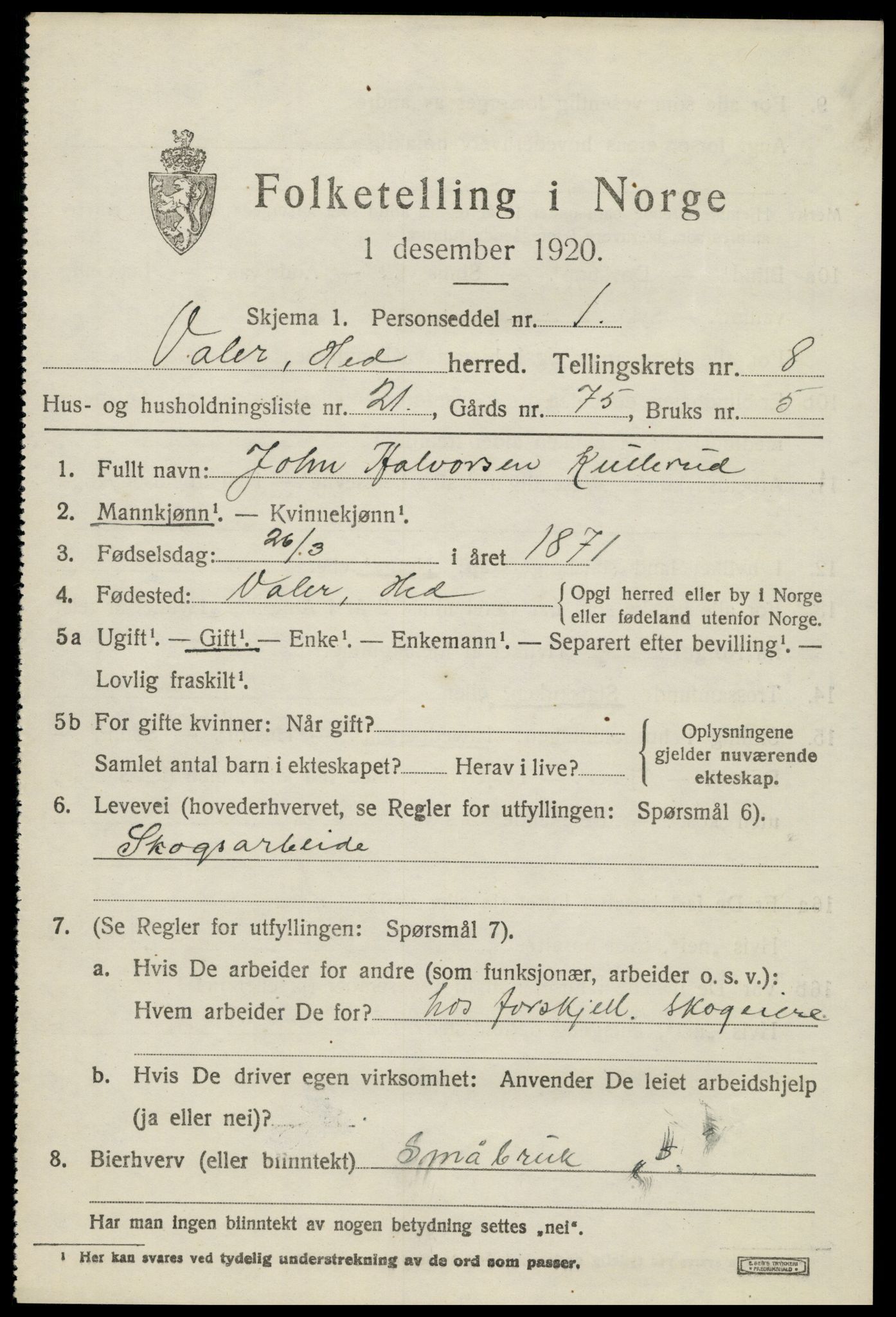 SAH, 1920 census for Våler (Hedmark), 1920, p. 8483