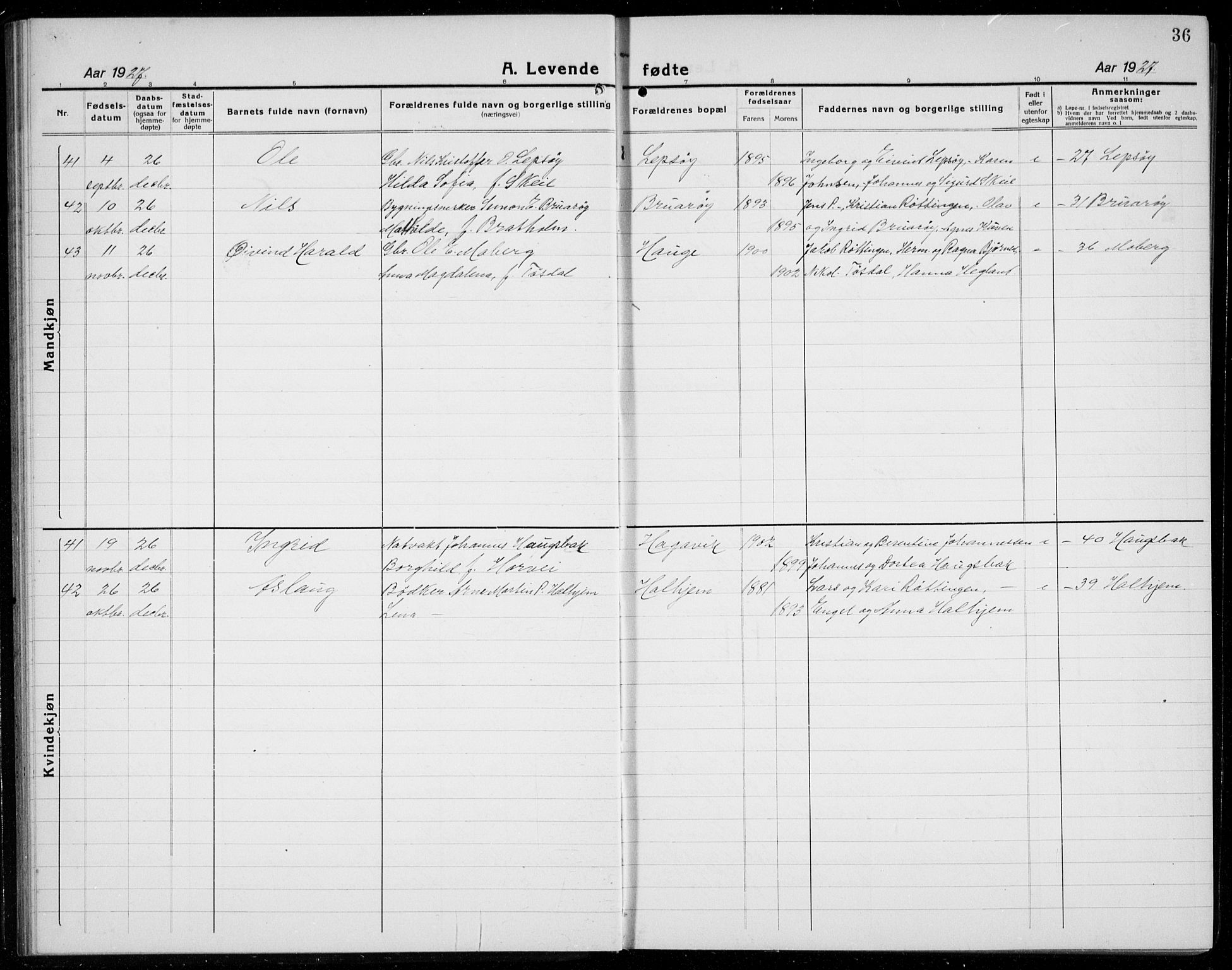 Os sokneprestembete, AV/SAB-A-99929: Parish register (copy) no. A 5, 1923-1941, p. 36