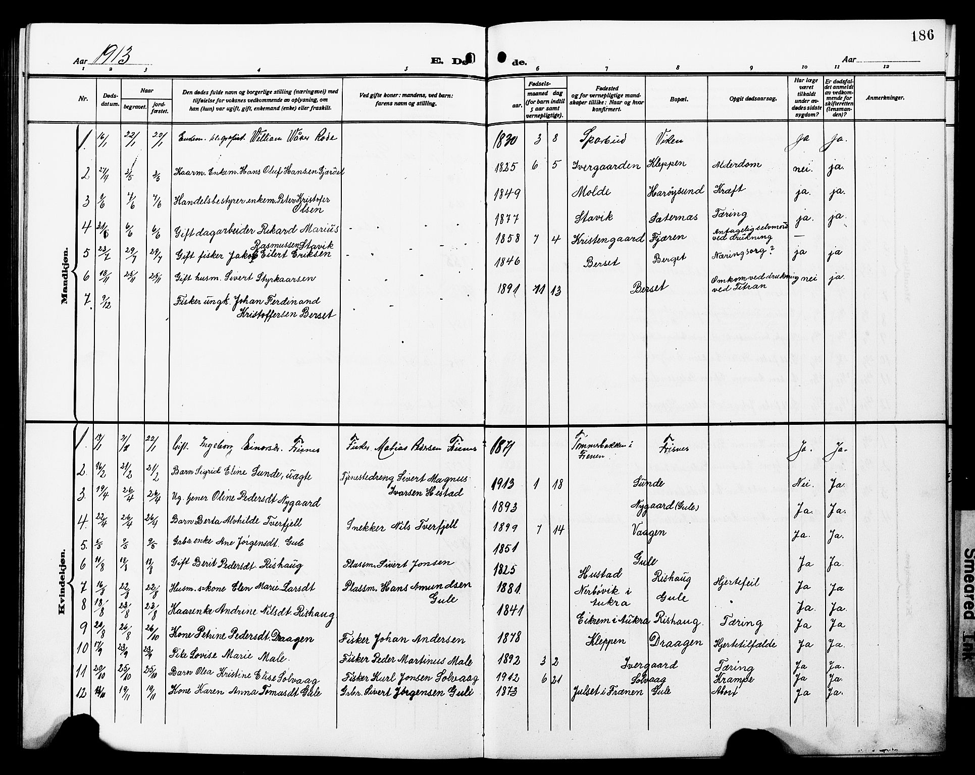 Ministerialprotokoller, klokkerbøker og fødselsregistre - Møre og Romsdal, SAT/A-1454/566/L0774: Parish register (copy) no. 566C03, 1910-1929, p. 186