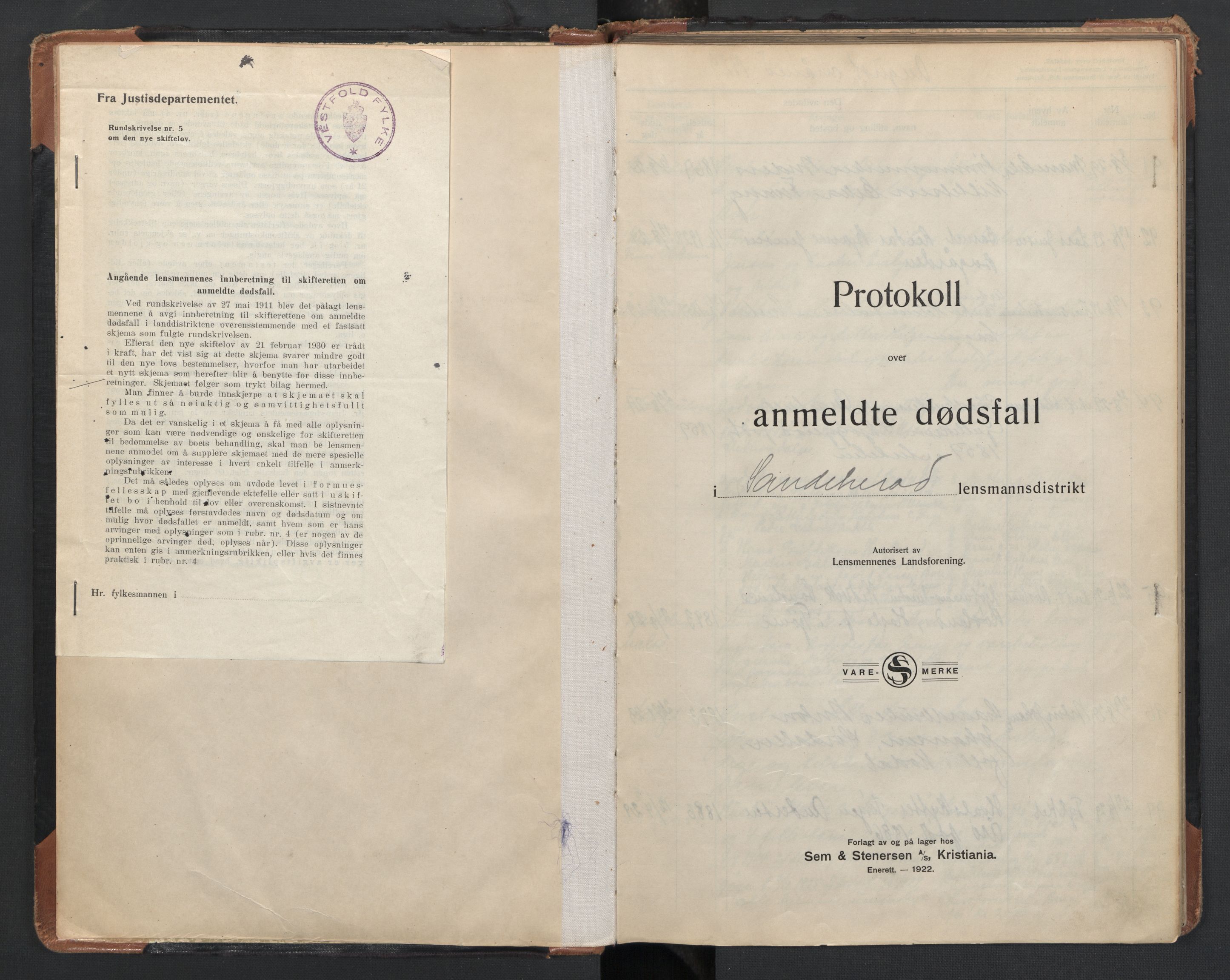 Sandar lensmannskontor, SAKO/A-545/H/Ha/L0007: Dødsanmeldelsesprotokoll, 1929-1935