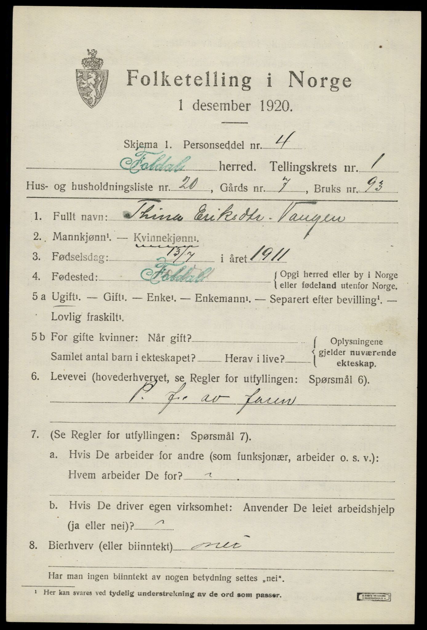 SAH, 1920 census for Folldal, 1920, p. 1031