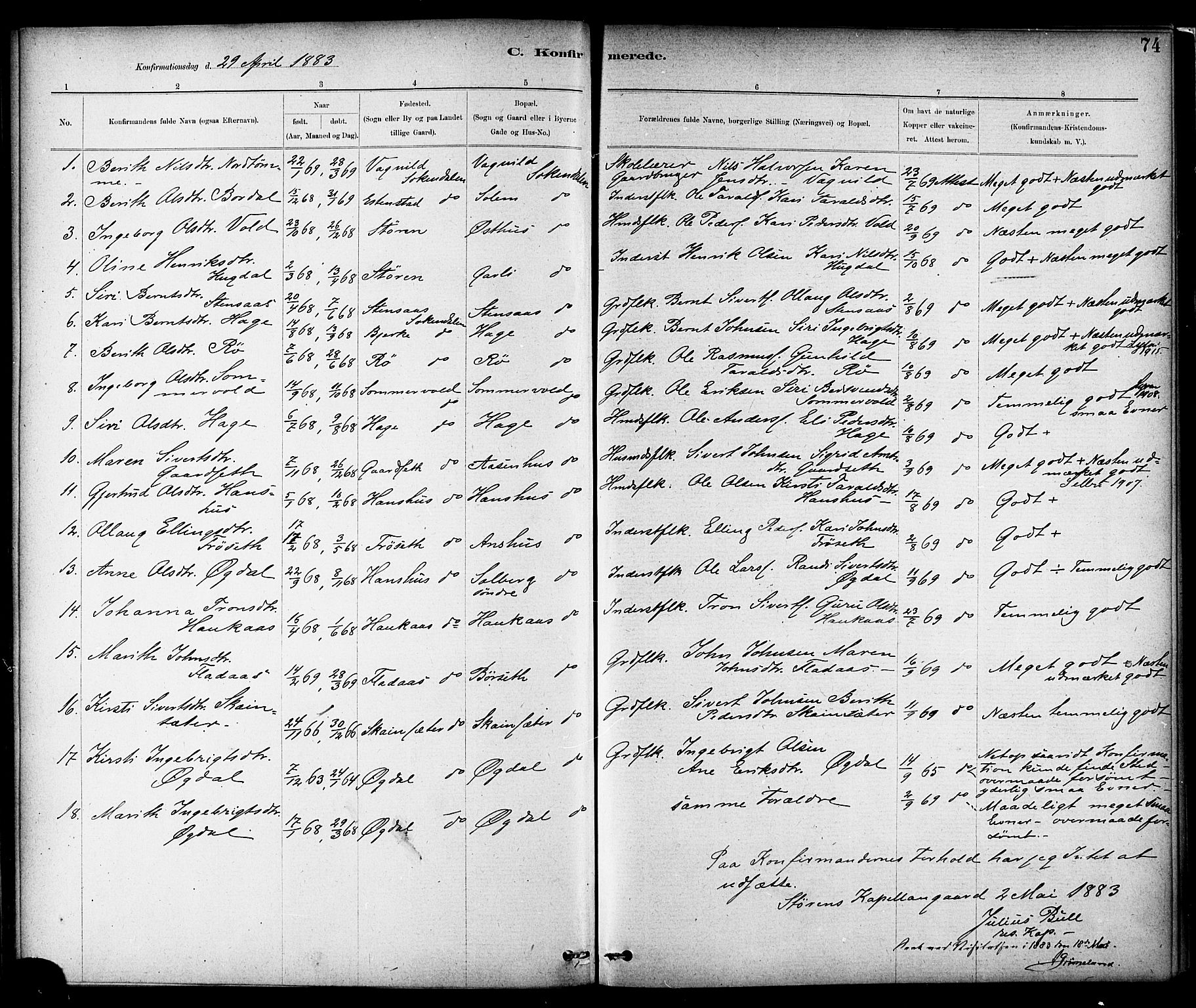 Ministerialprotokoller, klokkerbøker og fødselsregistre - Sør-Trøndelag, SAT/A-1456/689/L1040: Parish register (official) no. 689A05, 1878-1890, p. 74