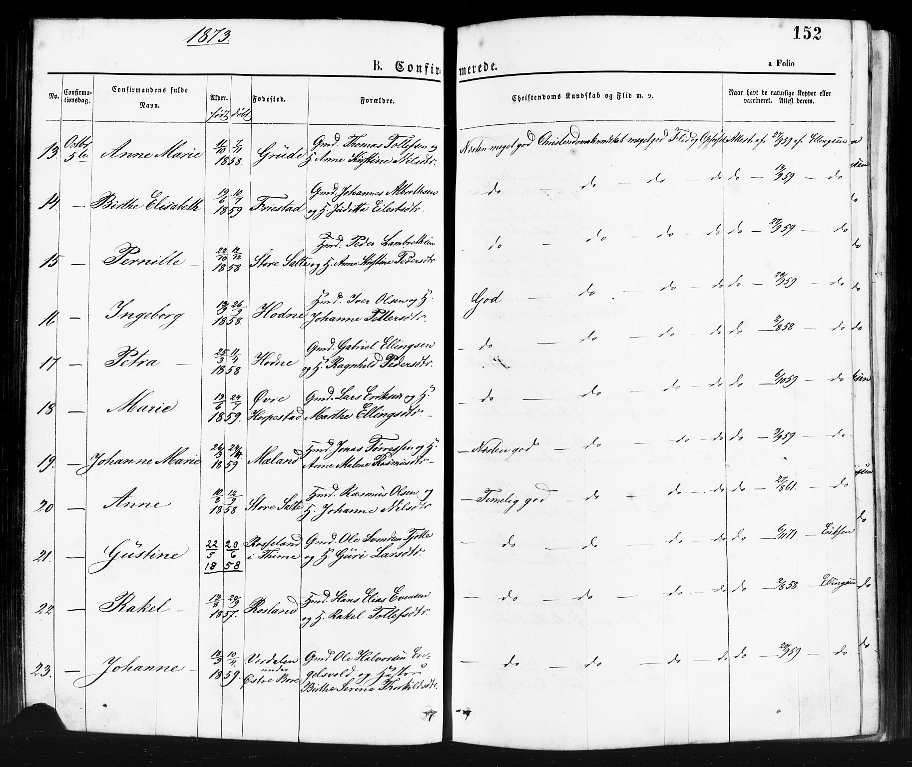 Klepp sokneprestkontor, AV/SAST-A-101803/001/3/30BA/L0006: Parish register (official) no. A 6, 1871-1885, p. 152