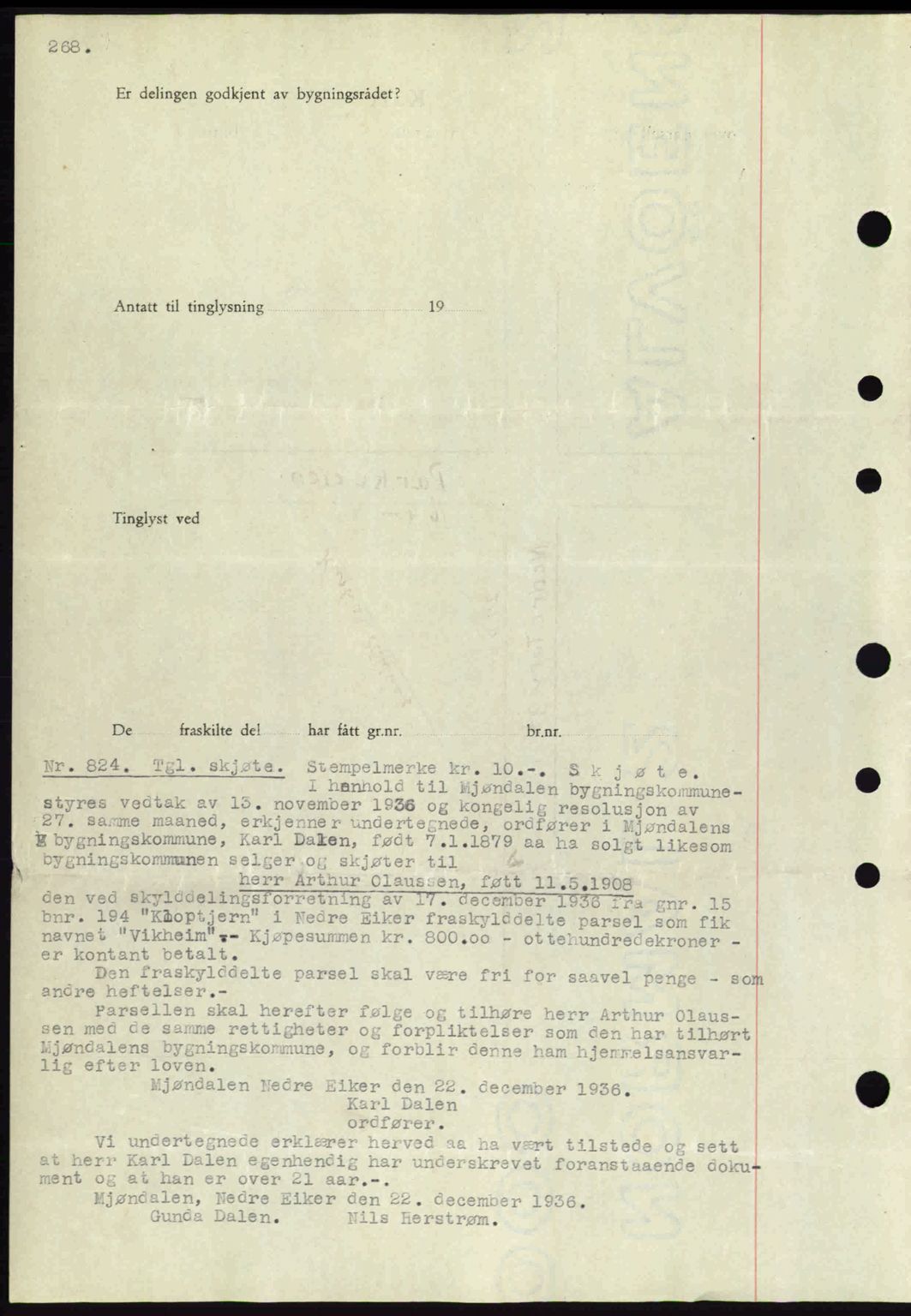 Eiker, Modum og Sigdal sorenskriveri, SAKO/A-123/G/Ga/Gab/L0035: Mortgage book no. A5, 1937-1937, Diary no: : 824/1937