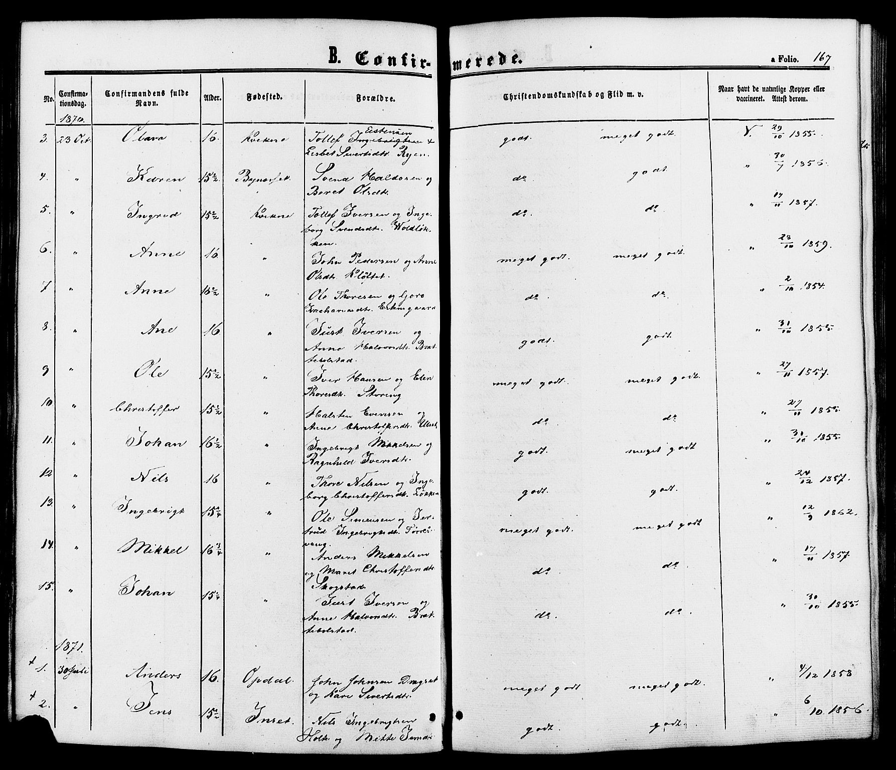 Kvikne prestekontor, SAH/PREST-064/H/Ha/Haa/L0006: Parish register (official) no. 6, 1863-1886, p. 167