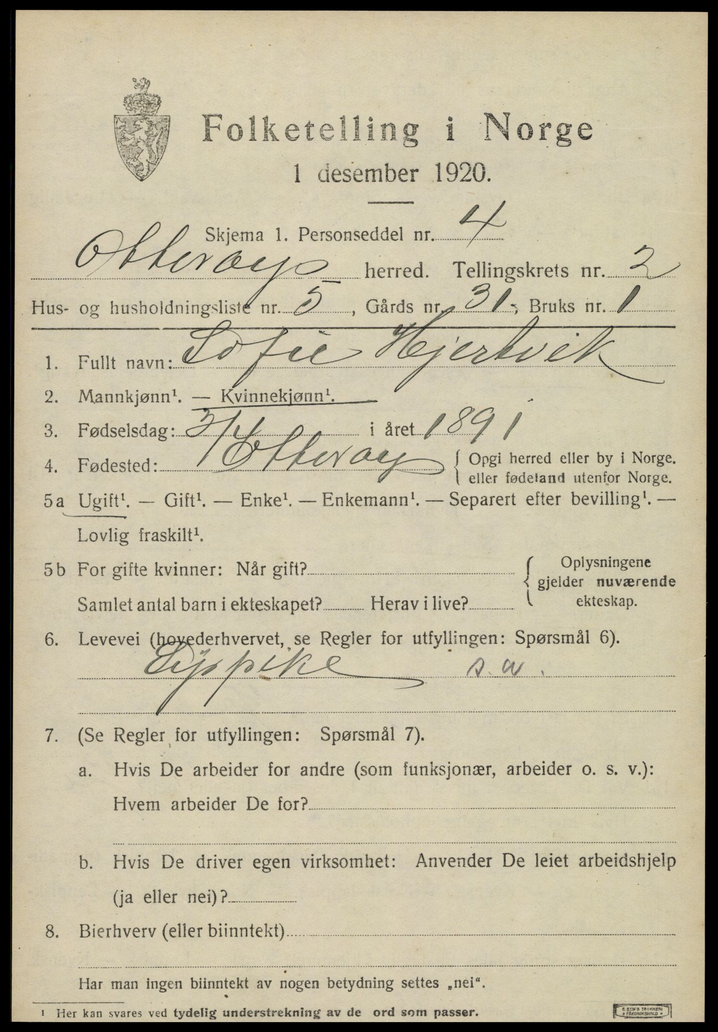 SAT, 1920 census for Otterøy, 1920, p. 1167