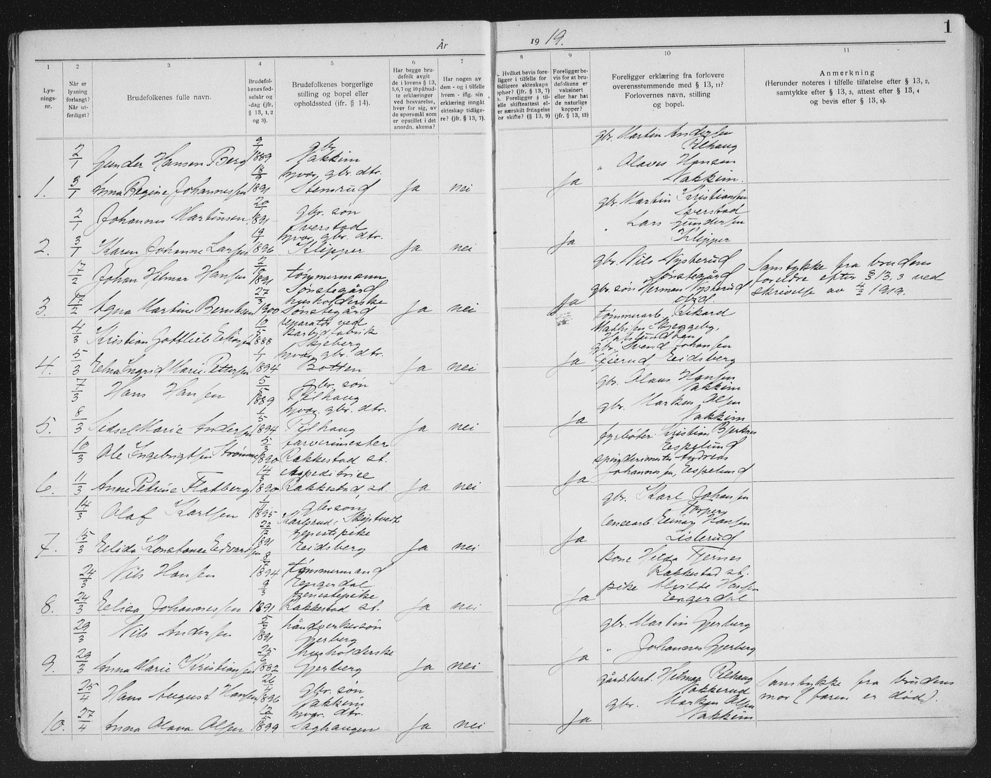 Rakkestad prestekontor Kirkebøker, SAO/A-2008/H/Ha/L0001: Banns register no. 1, 1919-1941, p. 1