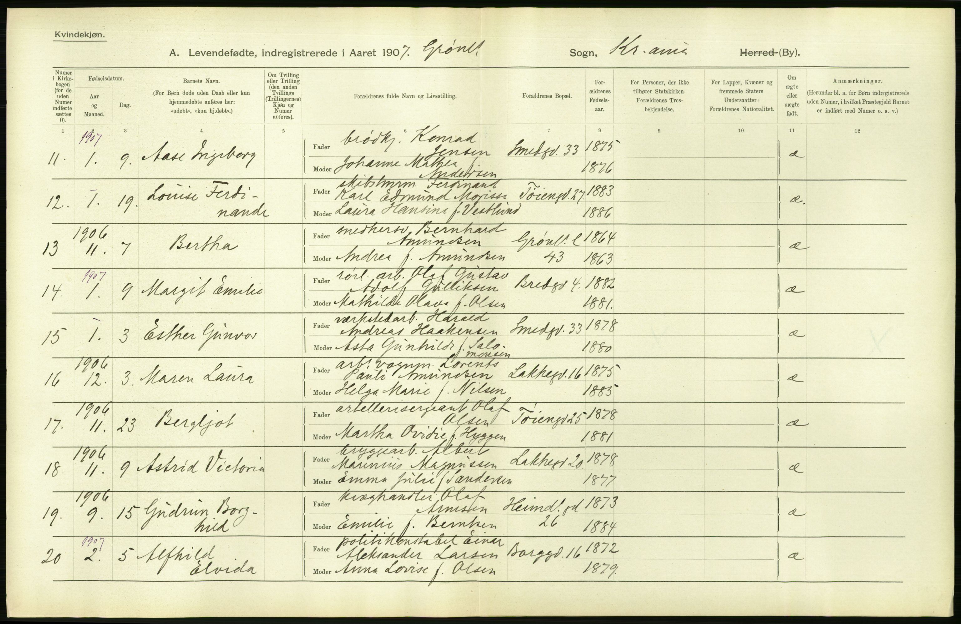 Statistisk sentralbyrå, Sosiodemografiske emner, Befolkning, AV/RA-S-2228/D/Df/Dfa/Dfae/L0007: Kristiania: Levendefødte menn og kvinner., 1907, p. 364