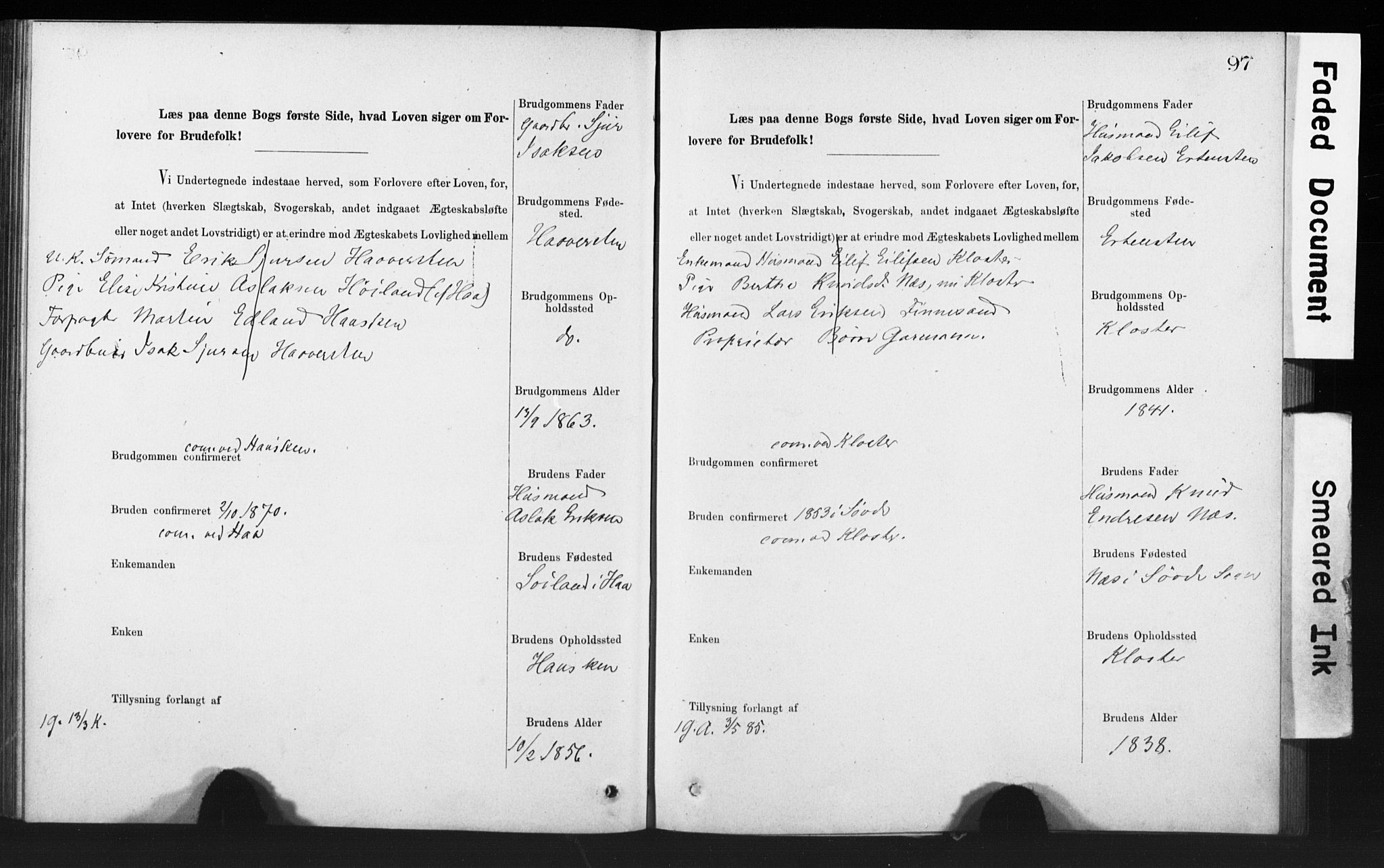 Rennesøy sokneprestkontor, AV/SAST-A -101827/I/Ie/L0001: Banns register no. 1, 1873-1898, p. 97