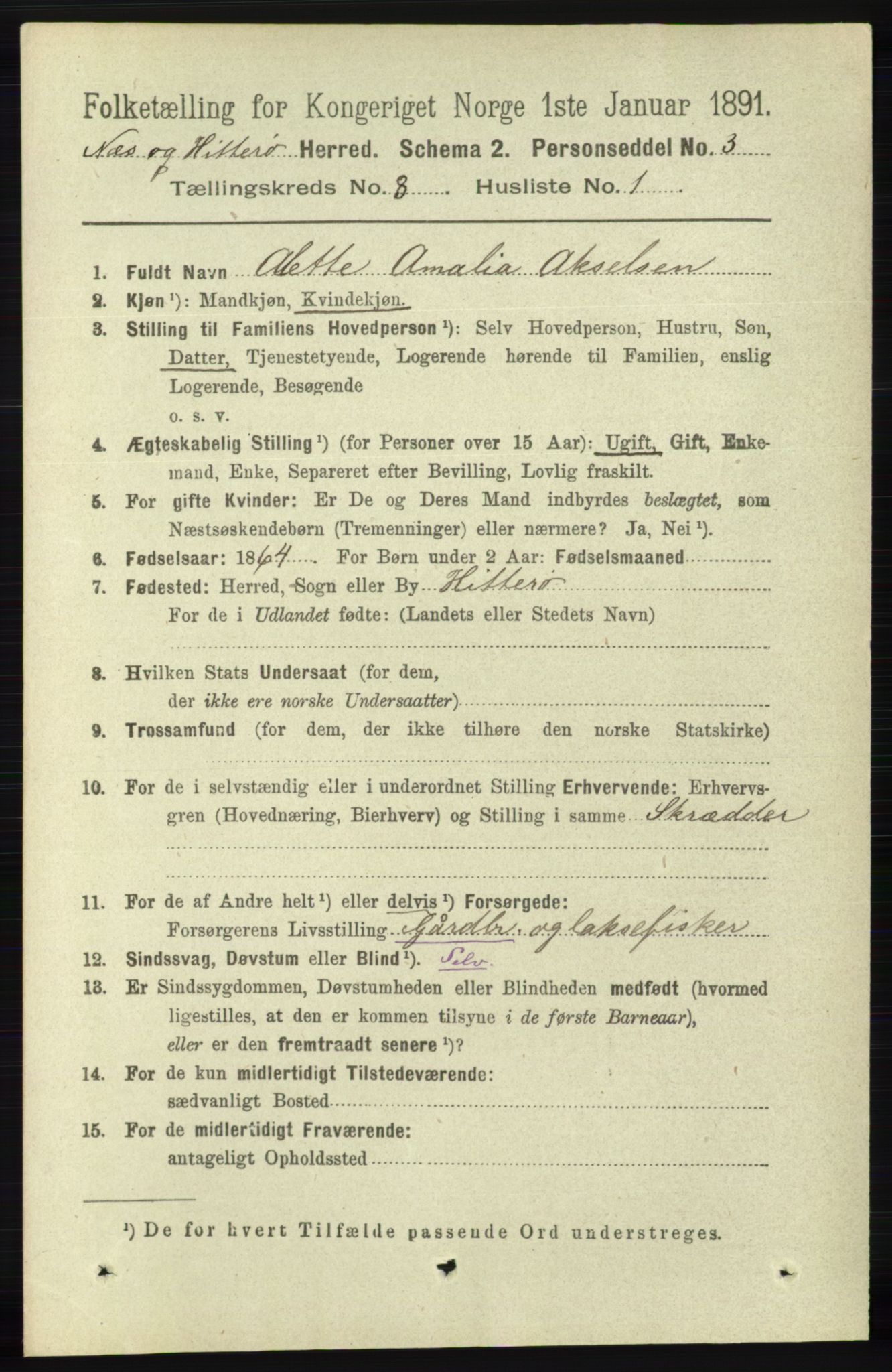 RA, 1891 census for 1043 Hidra og Nes, 1891, p. 3312