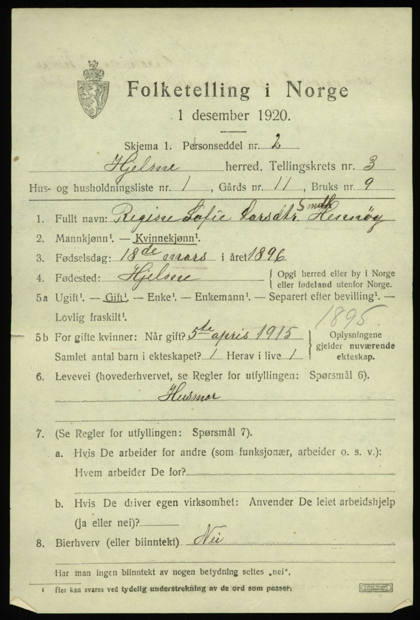 SAB, 1920 census for Hjelme, 1920, p. 1936