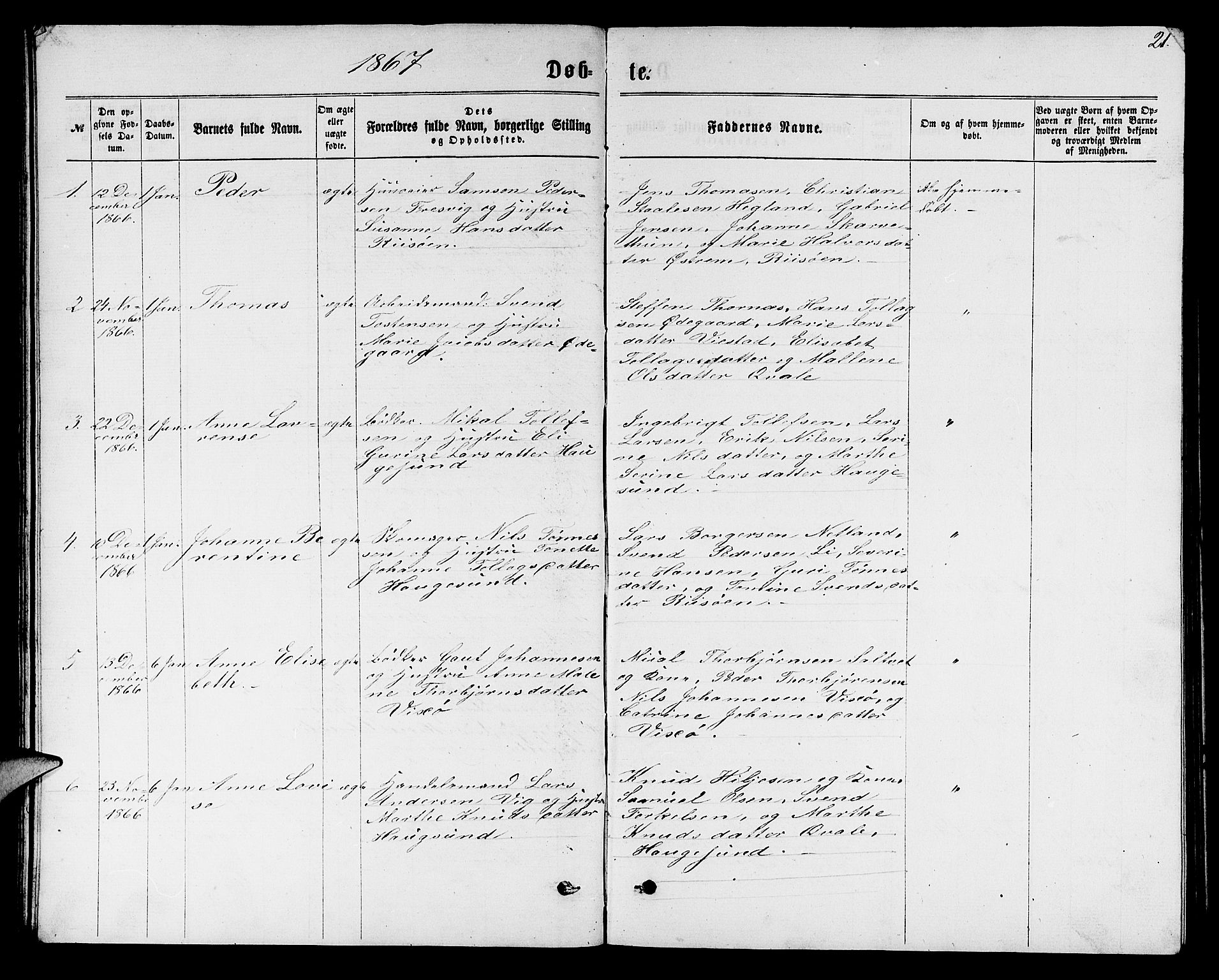 Torvastad sokneprestkontor, AV/SAST-A -101857/H/Ha/Hab/L0007: Parish register (copy) no. B 7, 1866-1873, p. 21