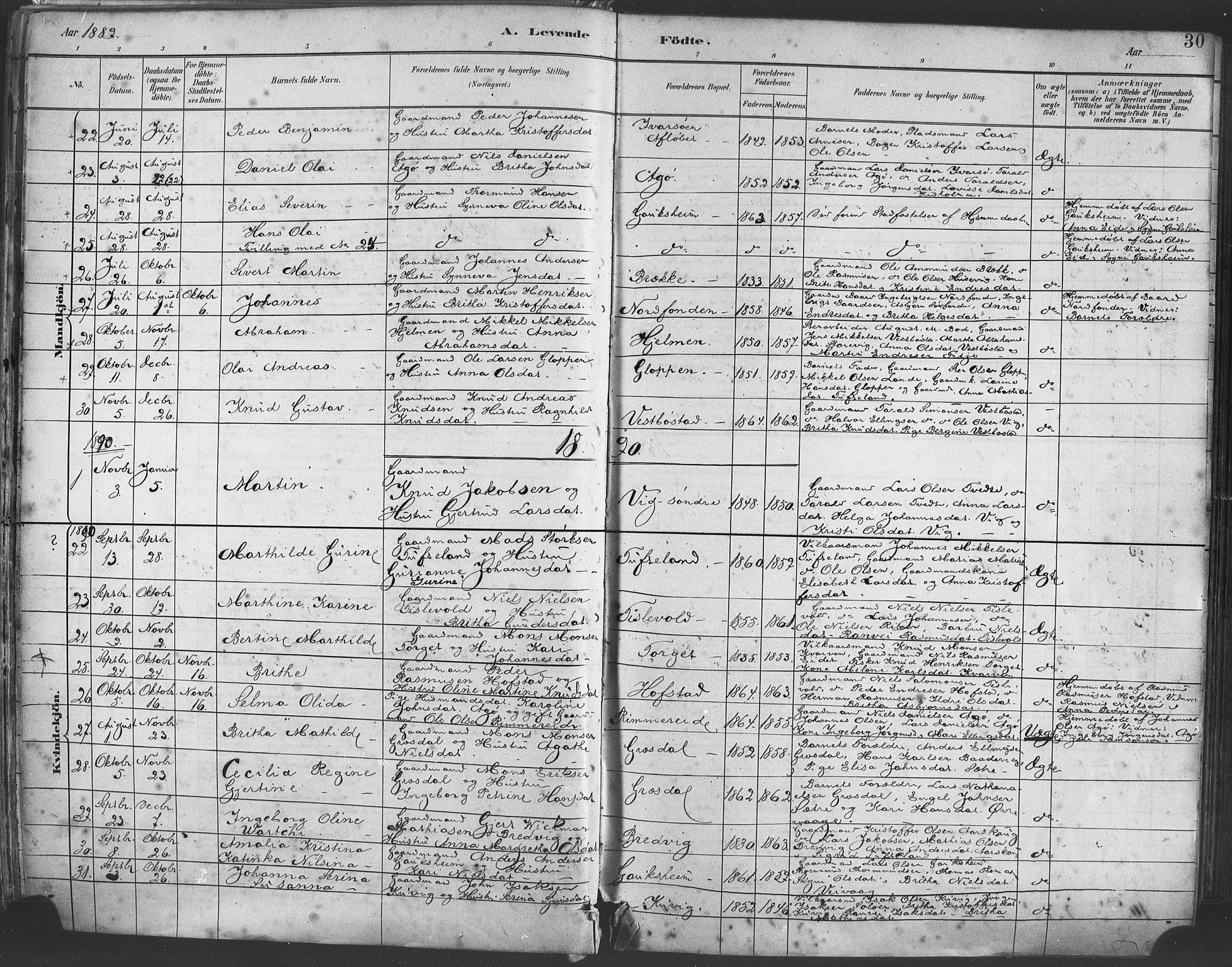 Fitjar sokneprestembete, SAB/A-99926: Parish register (official) no. A 2, 1882-1899, p. 30