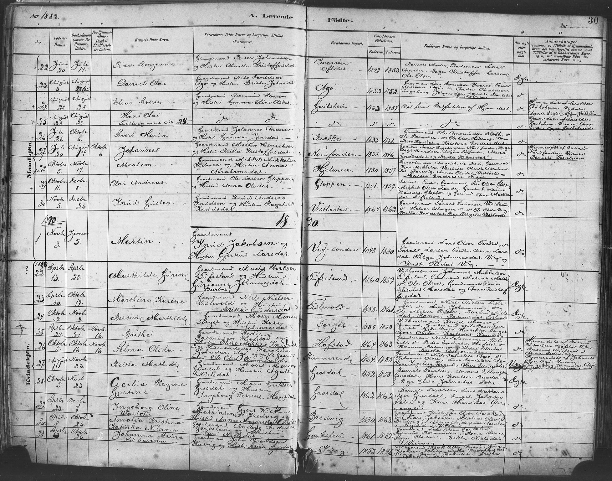 Fitjar sokneprestembete, AV/SAB-A-99926: Parish register (official) no. A 2, 1882-1899, p. 30