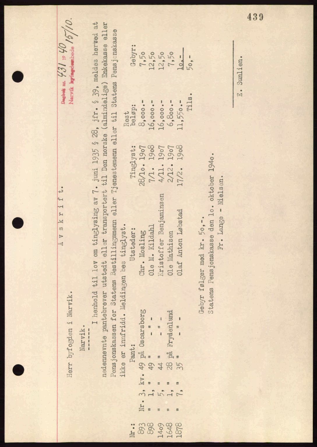 Narvik sorenskriveri, AV/SAT-A-0002/1/2/2C/2Ca: Mortgage book no. A16, 1939-1940, Deed date: 15.10.1940