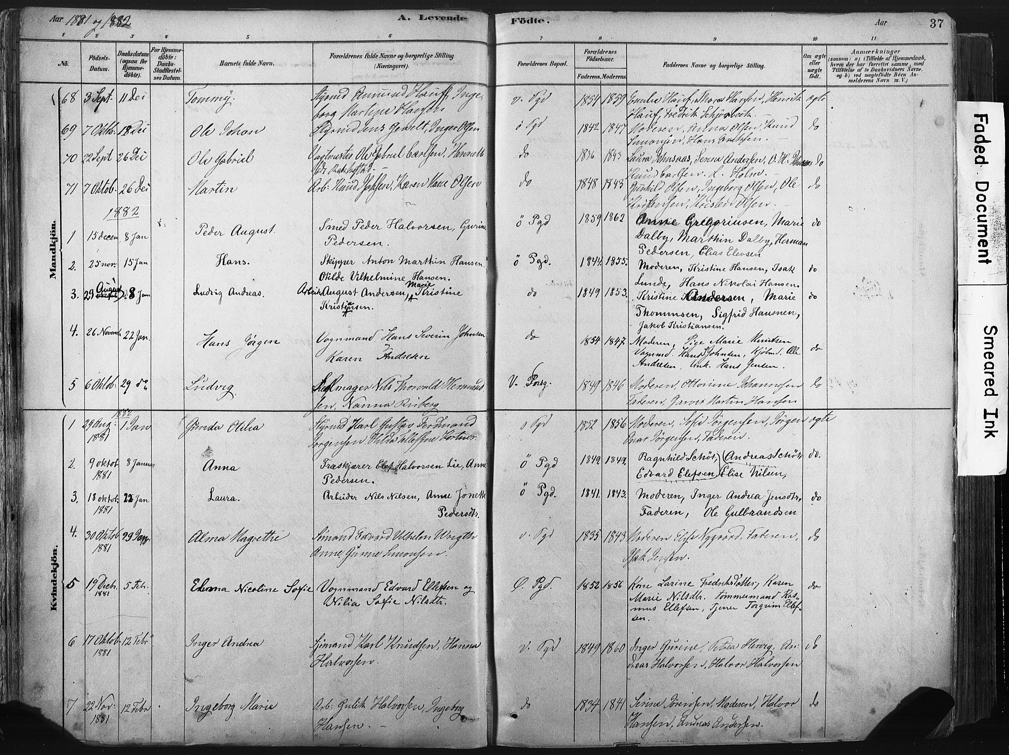 Porsgrunn kirkebøker , AV/SAKO-A-104/F/Fa/L0008: Parish register (official) no. 8, 1878-1895, p. 37