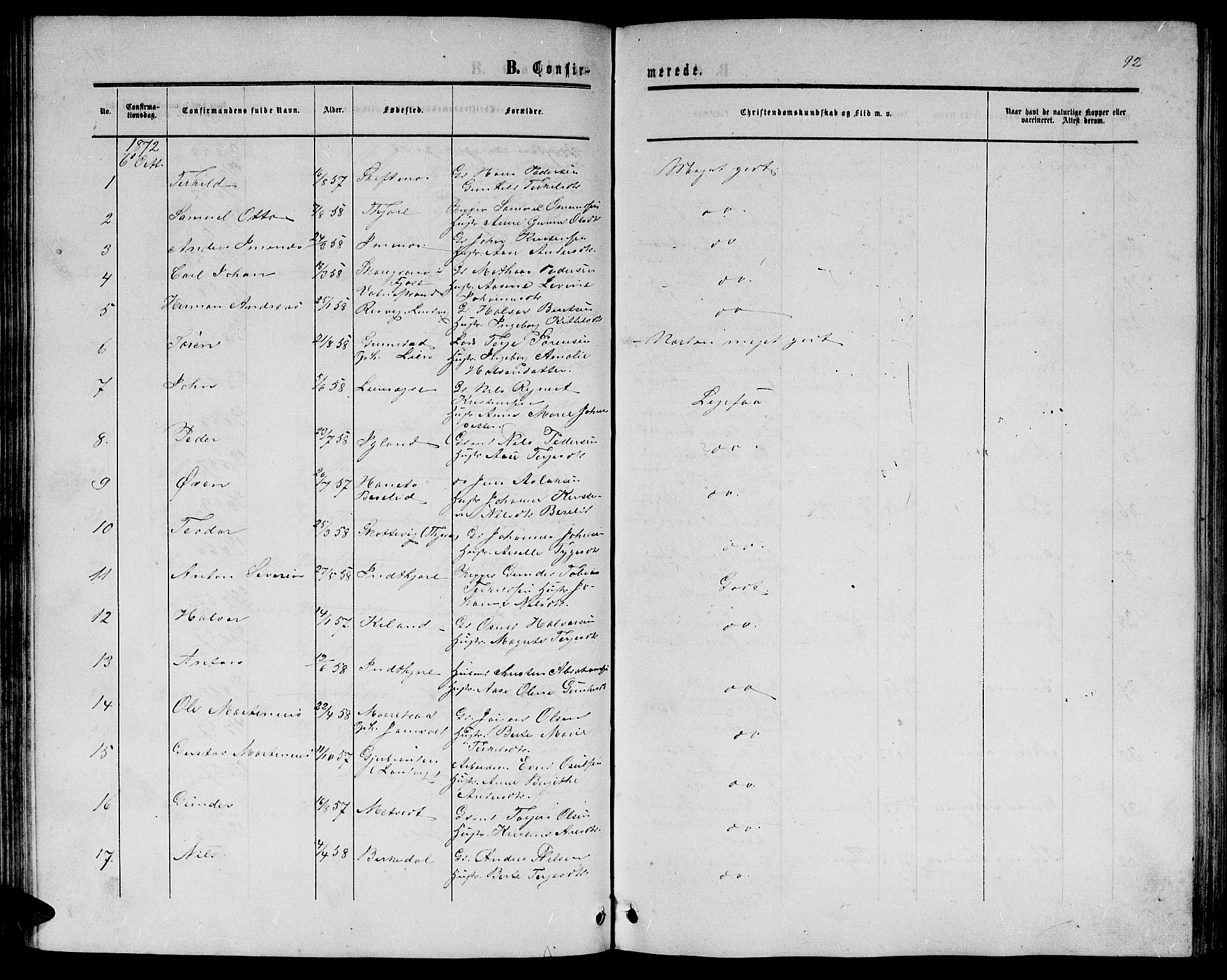Hommedal sokneprestkontor, SAK/1111-0023/F/Fb/Fbb/L0006: Parish register (copy) no. B 6, 1869-1884, p. 92