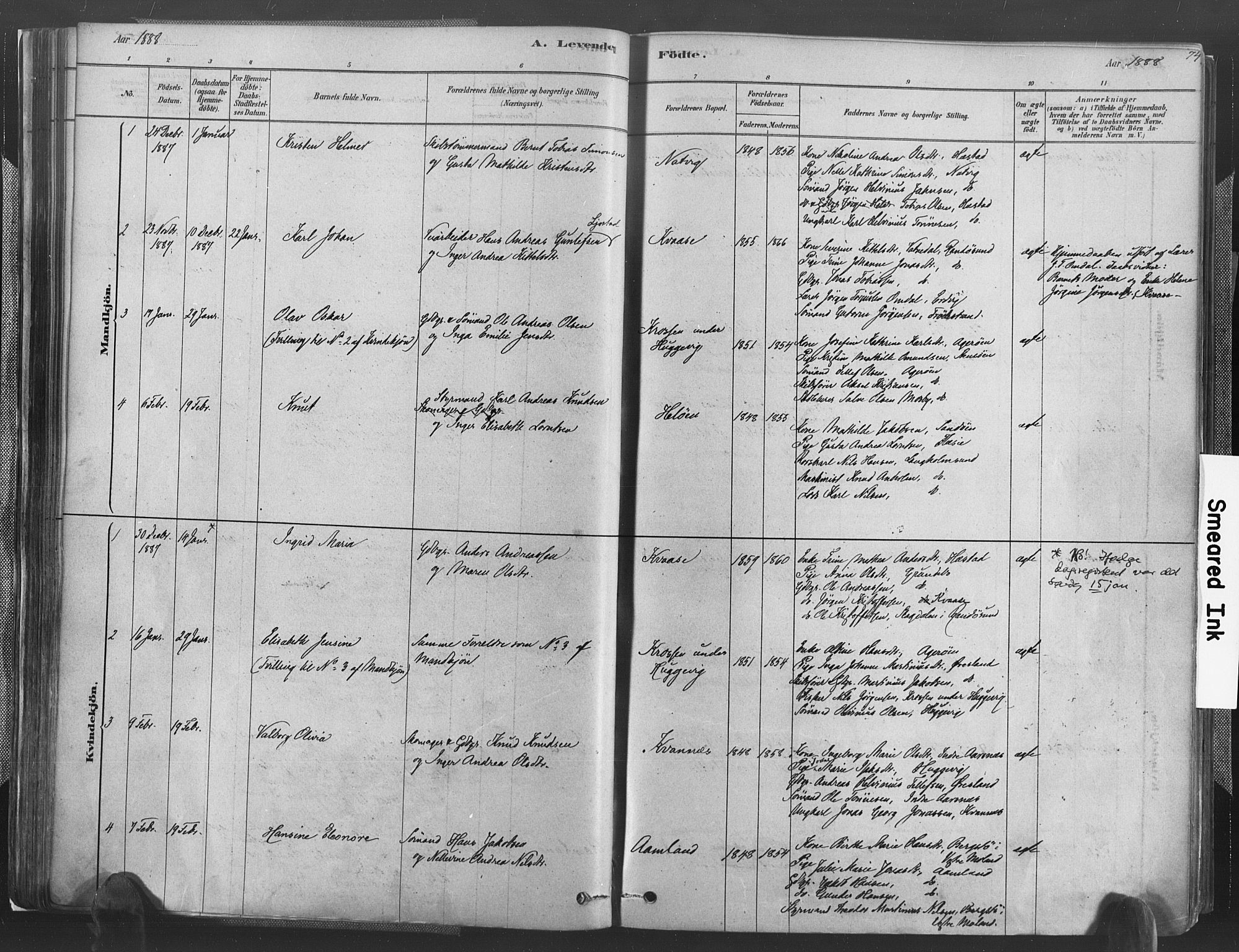 Høvåg sokneprestkontor, SAK/1111-0025/F/Fa/L0005: Parish register (official) no. A 5, 1878-1893, p. 74