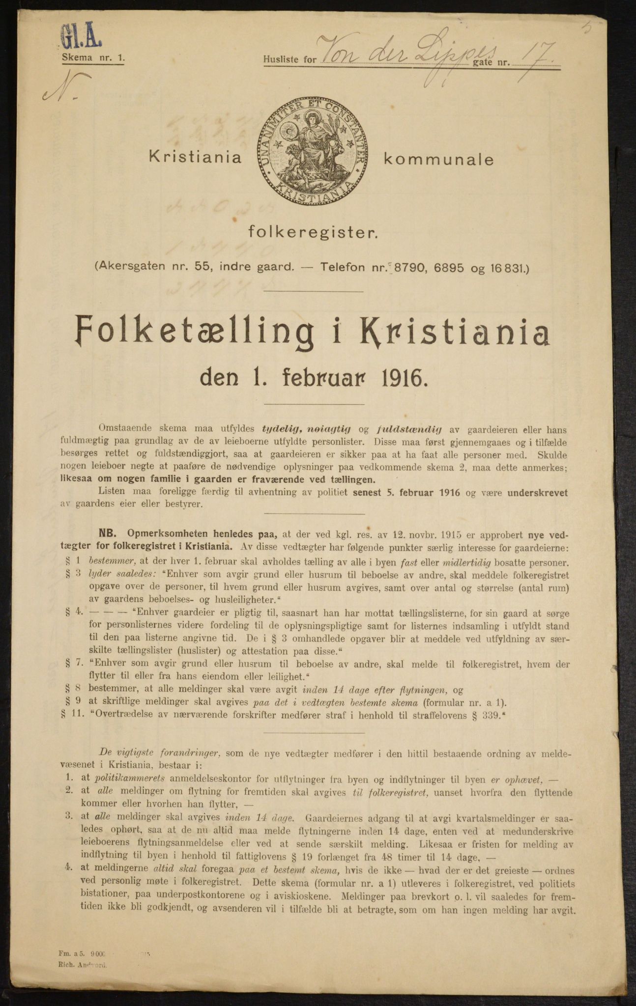 OBA, Municipal Census 1916 for Kristiania, 1916, p. 129043