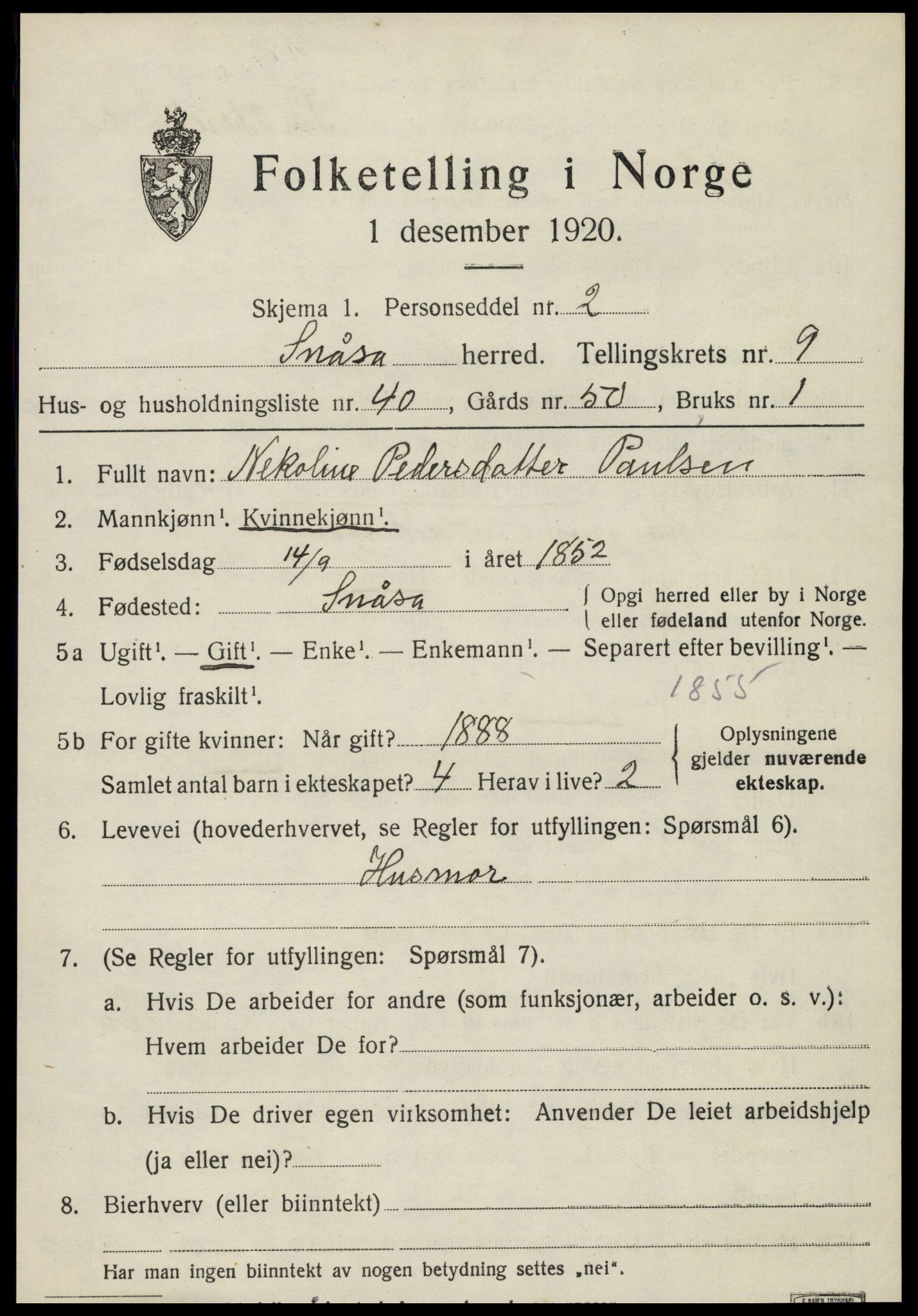 SAT, 1920 census for Snåsa, 1920, p. 4122