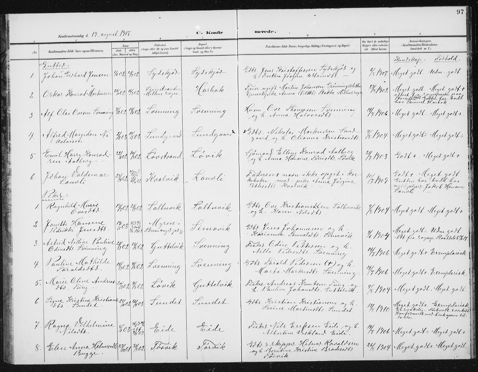 Ministerialprotokoller, klokkerbøker og fødselsregistre - Sør-Trøndelag, SAT/A-1456/656/L0699: Parish register (copy) no. 656C05, 1905-1920, p. 97