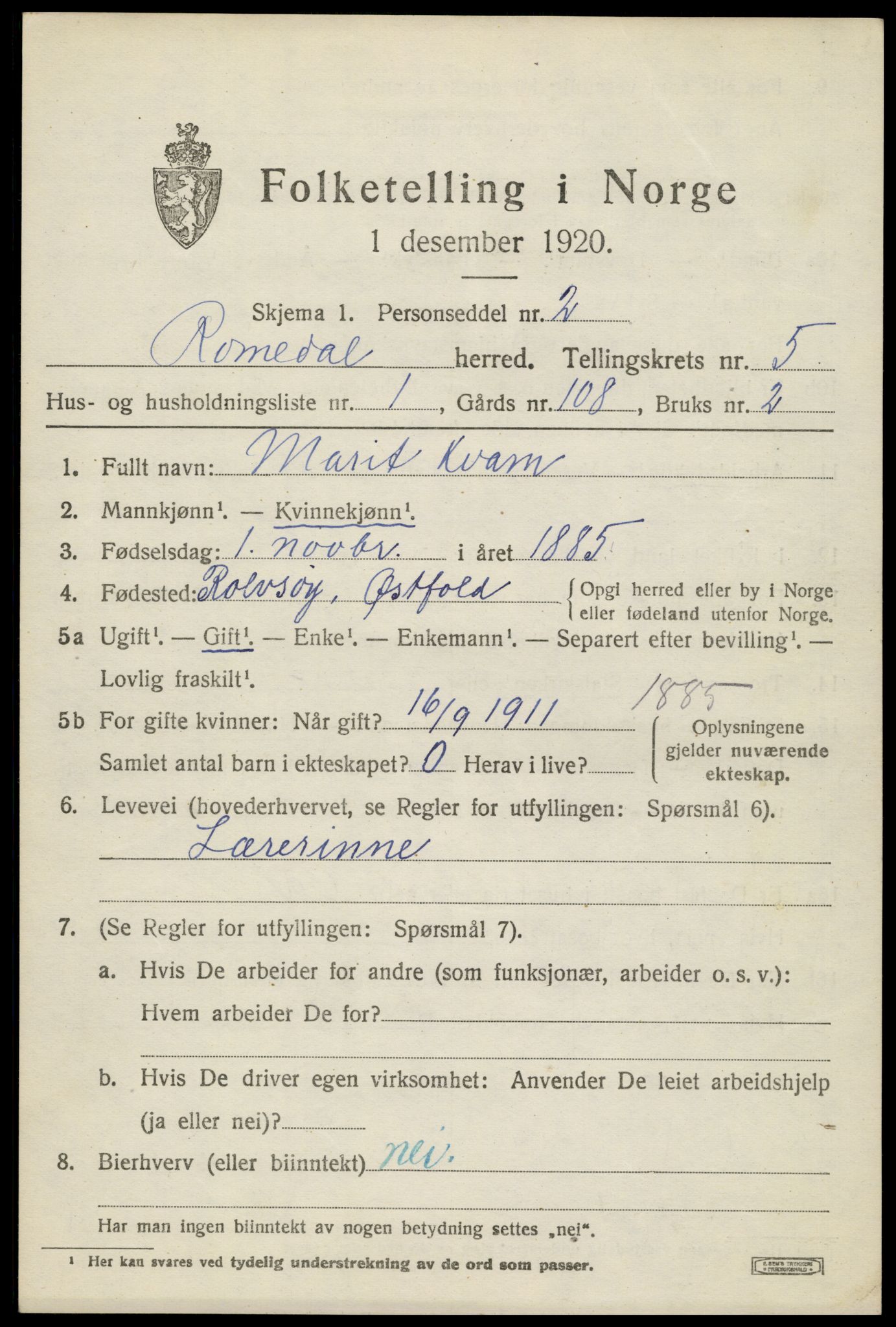 SAH, 1920 census for Romedal, 1920, p. 6945