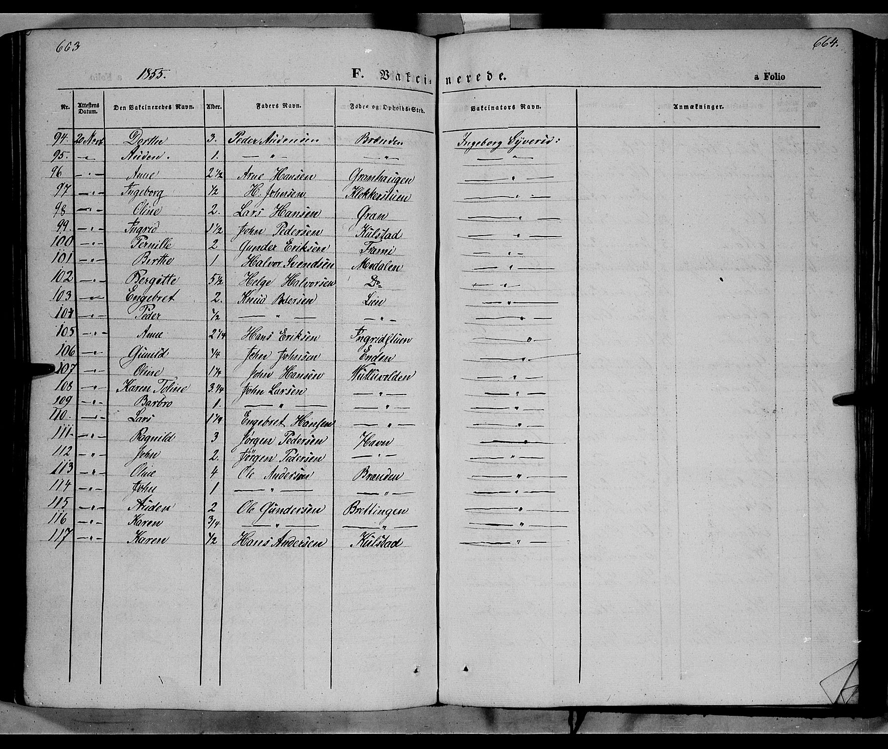 Ringebu prestekontor, SAH/PREST-082/H/Ha/Haa/L0006: Parish register (official) no. 6, 1848-1859, p. 663-664