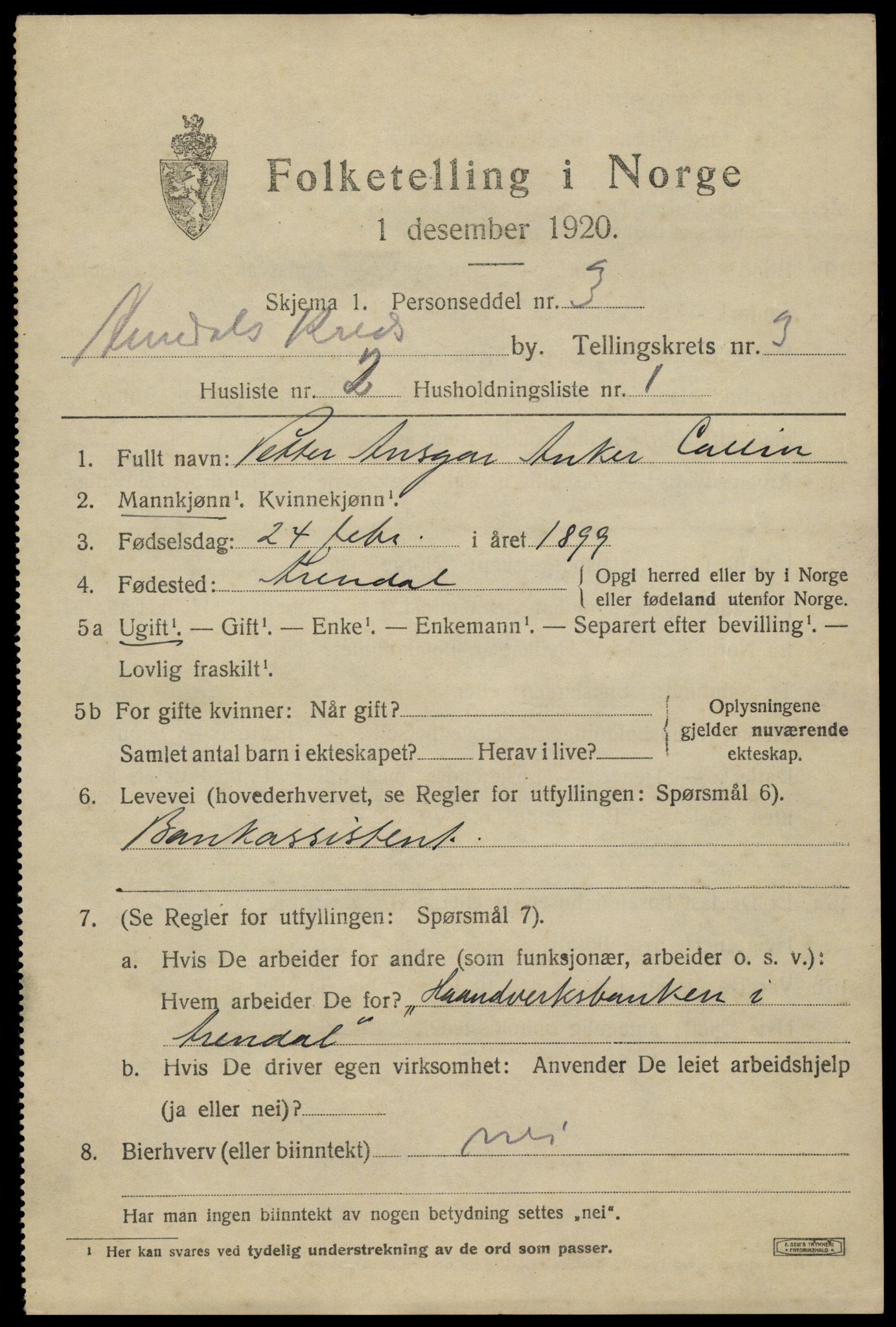 SAK, 1920 census for Arendal, 1920, p. 10796