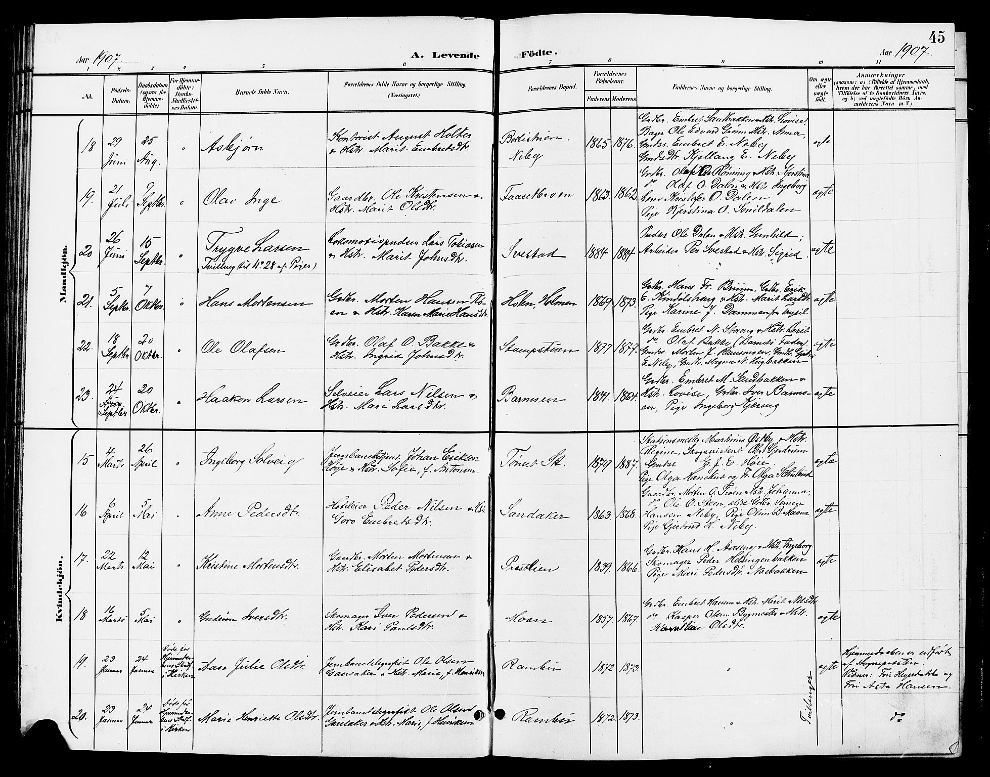 Tynset prestekontor, SAH/PREST-058/H/Ha/Hab/L0009: Parish register (copy) no. 9, 1900-1914, p. 45