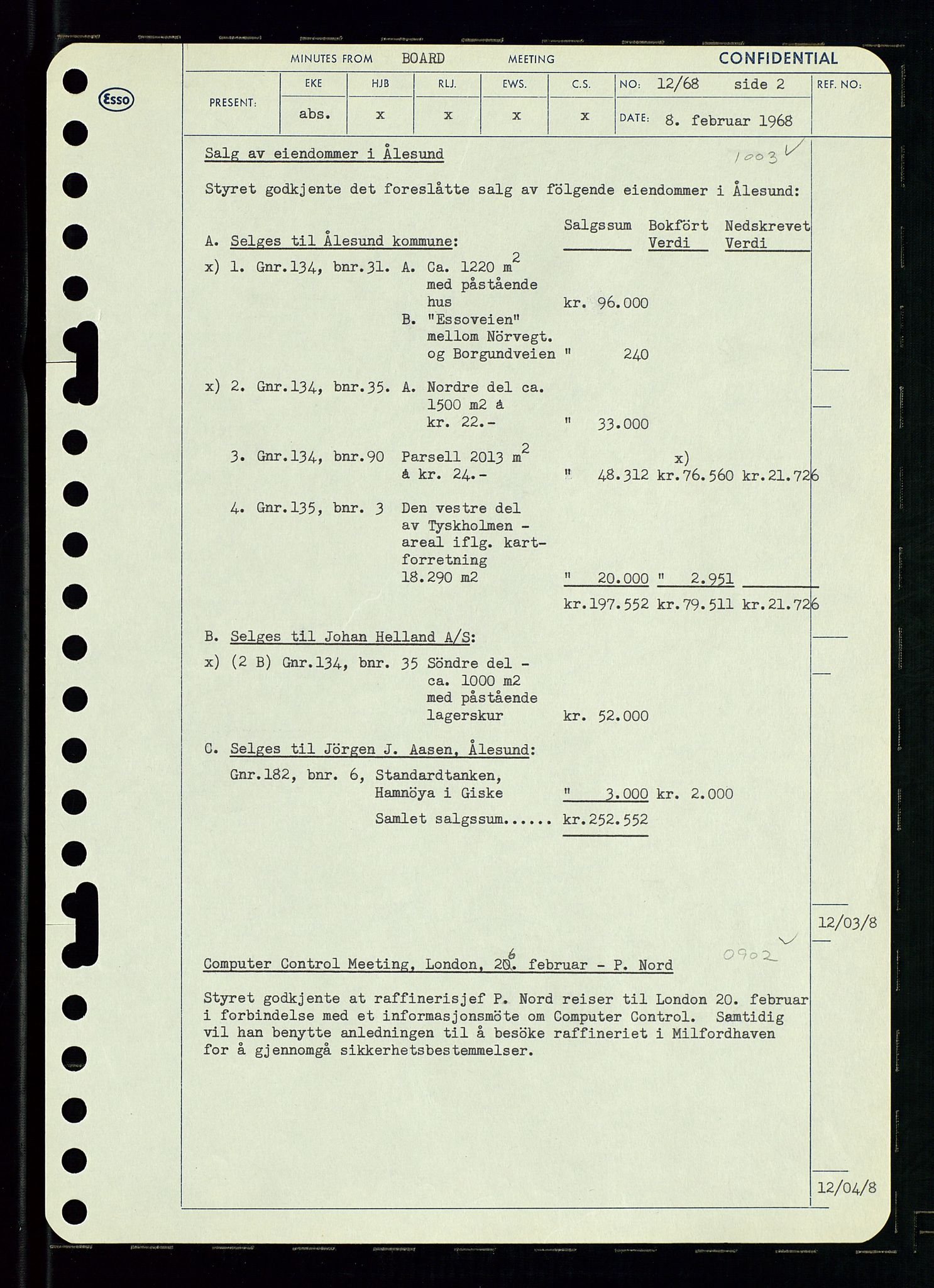 Pa 0982 - Esso Norge A/S, AV/SAST-A-100448/A/Aa/L0002/0004: Den administrerende direksjon Board minutes (styrereferater) / Den administrerende direksjon Board minutes (styrereferater), 1968, p. 20