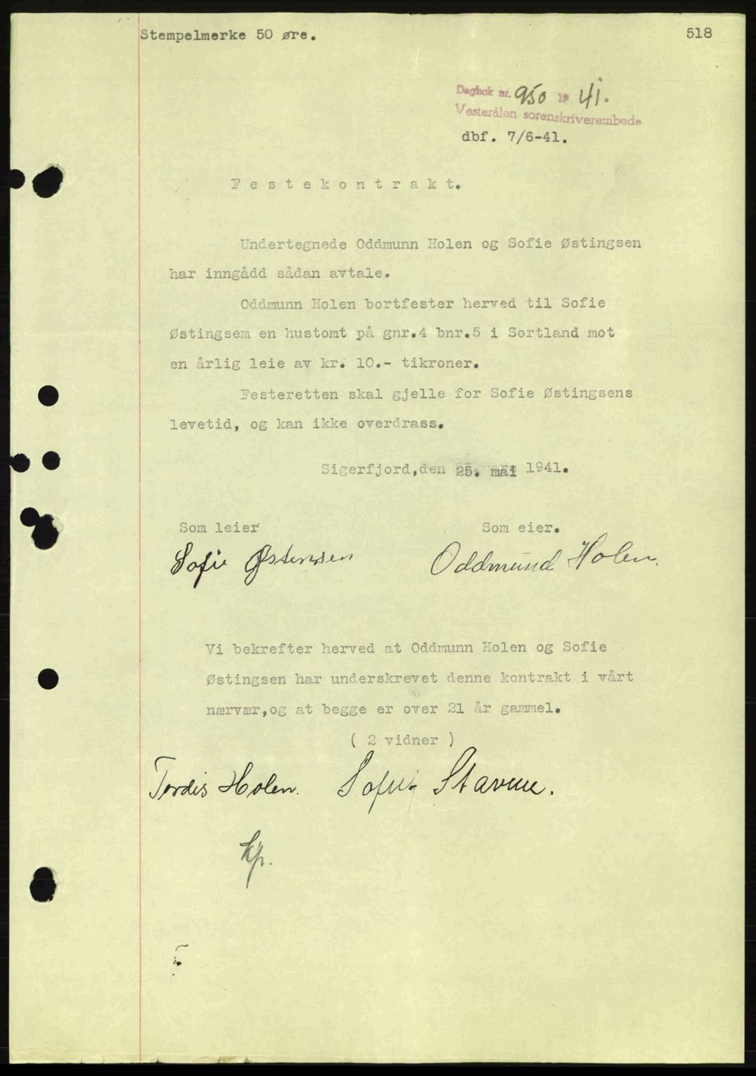 Vesterålen sorenskriveri, AV/SAT-A-4180/1/2/2Ca: Mortgage book no. A11, 1940-1941, Diary no: : 950/1941