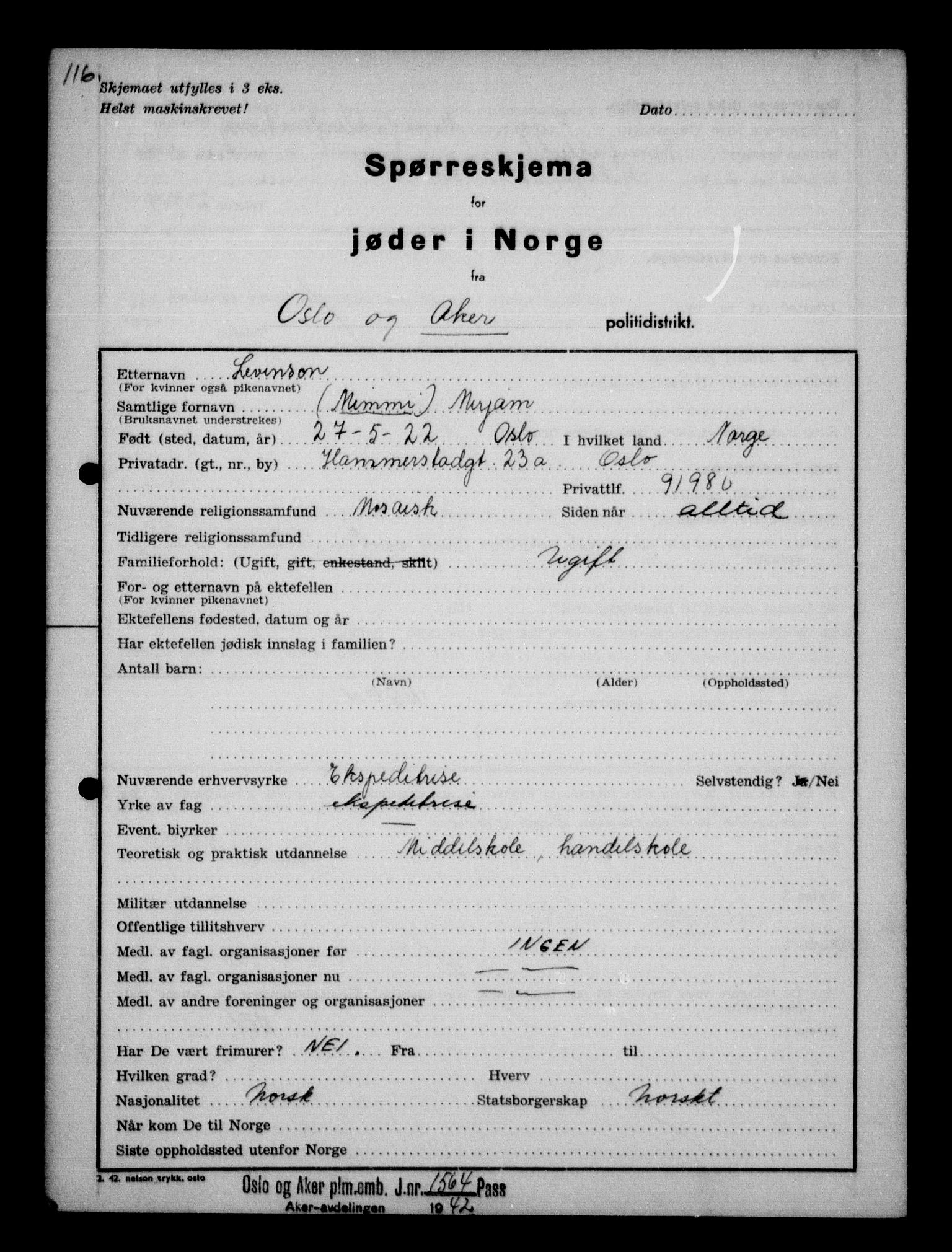 Statspolitiet - Hovedkontoret / Osloavdelingen, AV/RA-S-1329/G/Ga/L0012: Spørreskjema for jøder i Norge. 1: Aker 114- 207 (Levinson-Wozak) og 656 (Salomon). 2: Arendal-Hordaland. 3: Horten-Romerike.  , 1942, p. 9