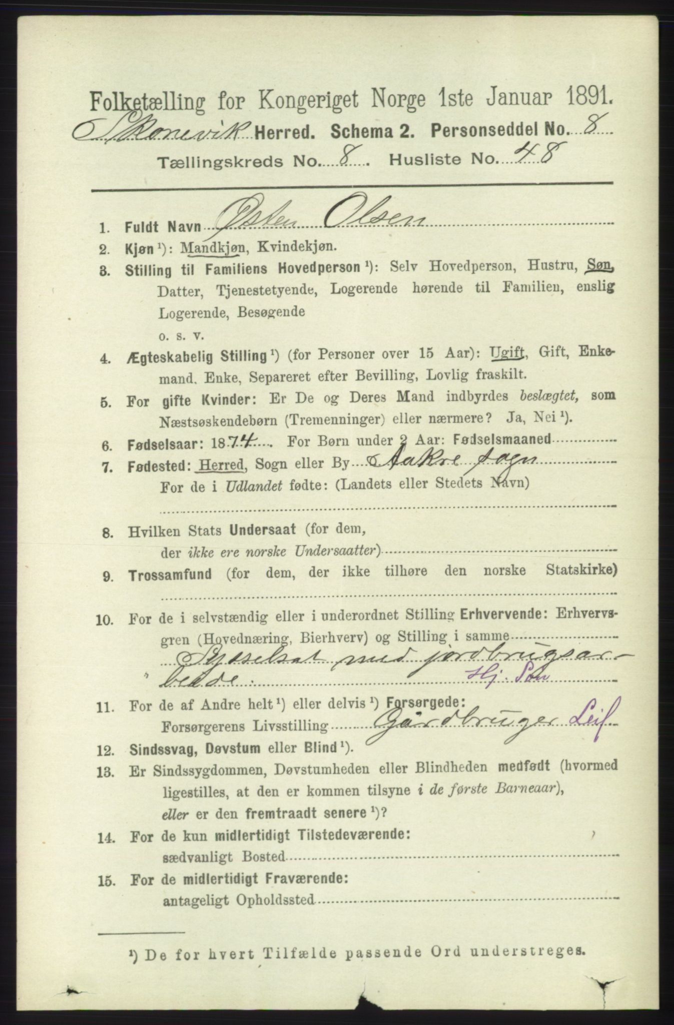 RA, 1891 census for 1212 Skånevik, 1891, p. 2484