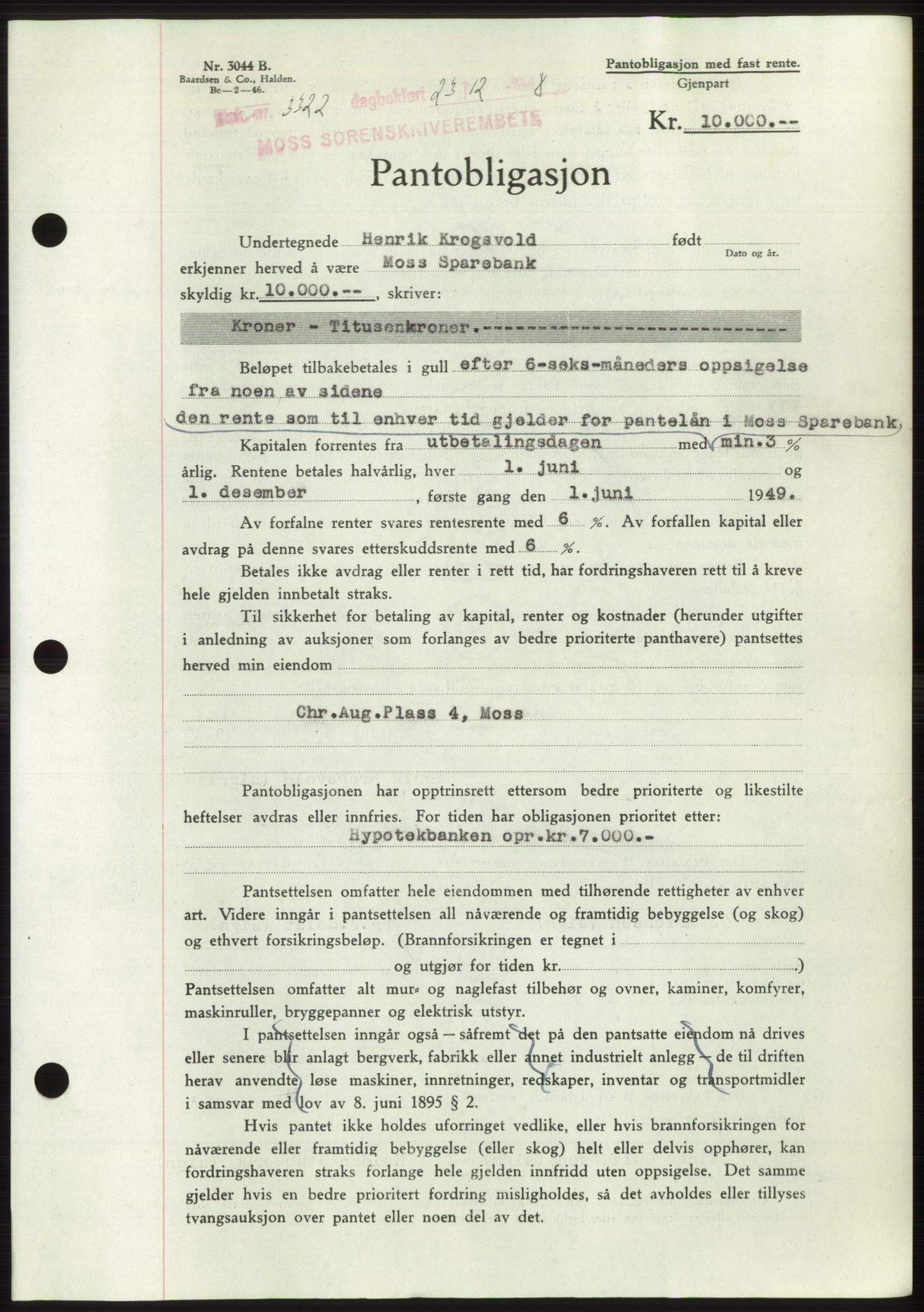 Moss sorenskriveri, AV/SAO-A-10168: Mortgage book no. B20, 1948-1948, Diary no: : 3322/1948