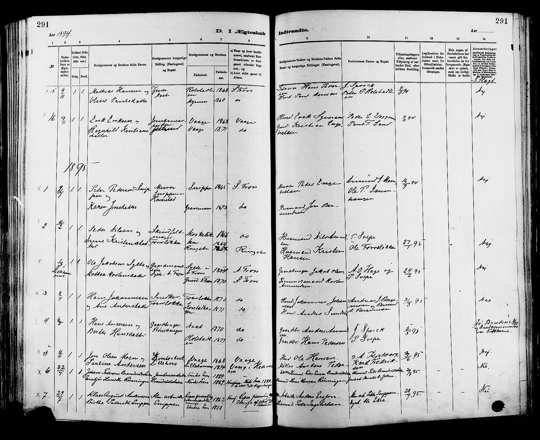 Sør-Fron prestekontor, AV/SAH-PREST-010/H/Ha/Haa/L0003: Parish register (official) no. 3, 1881-1897, p. 291