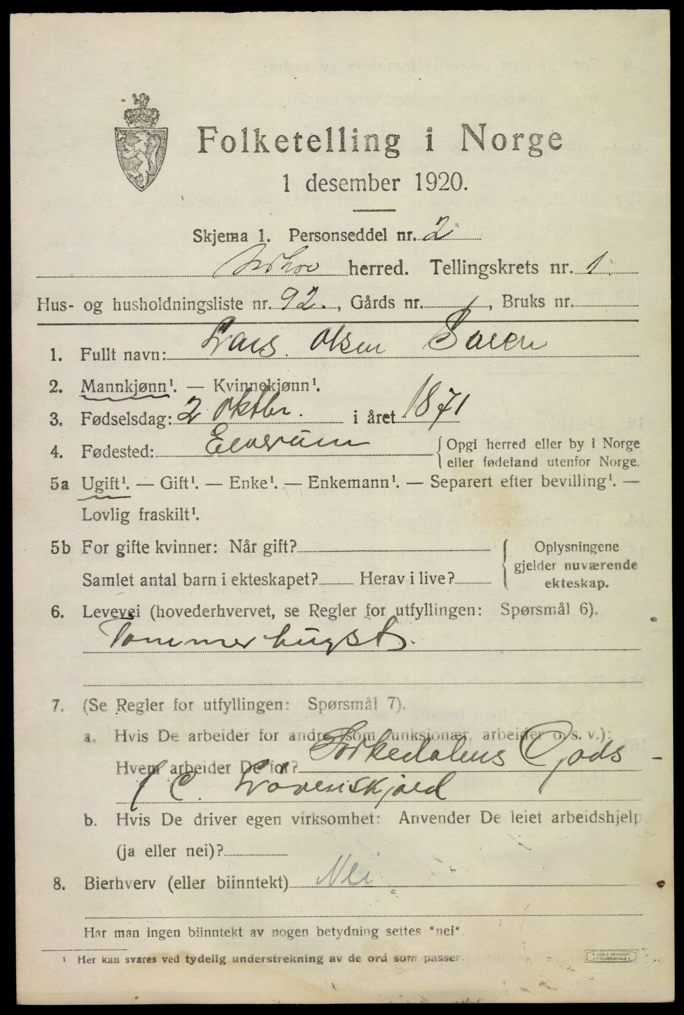 SAKO, 1920 census for Norderhov, 1920, p. 4468