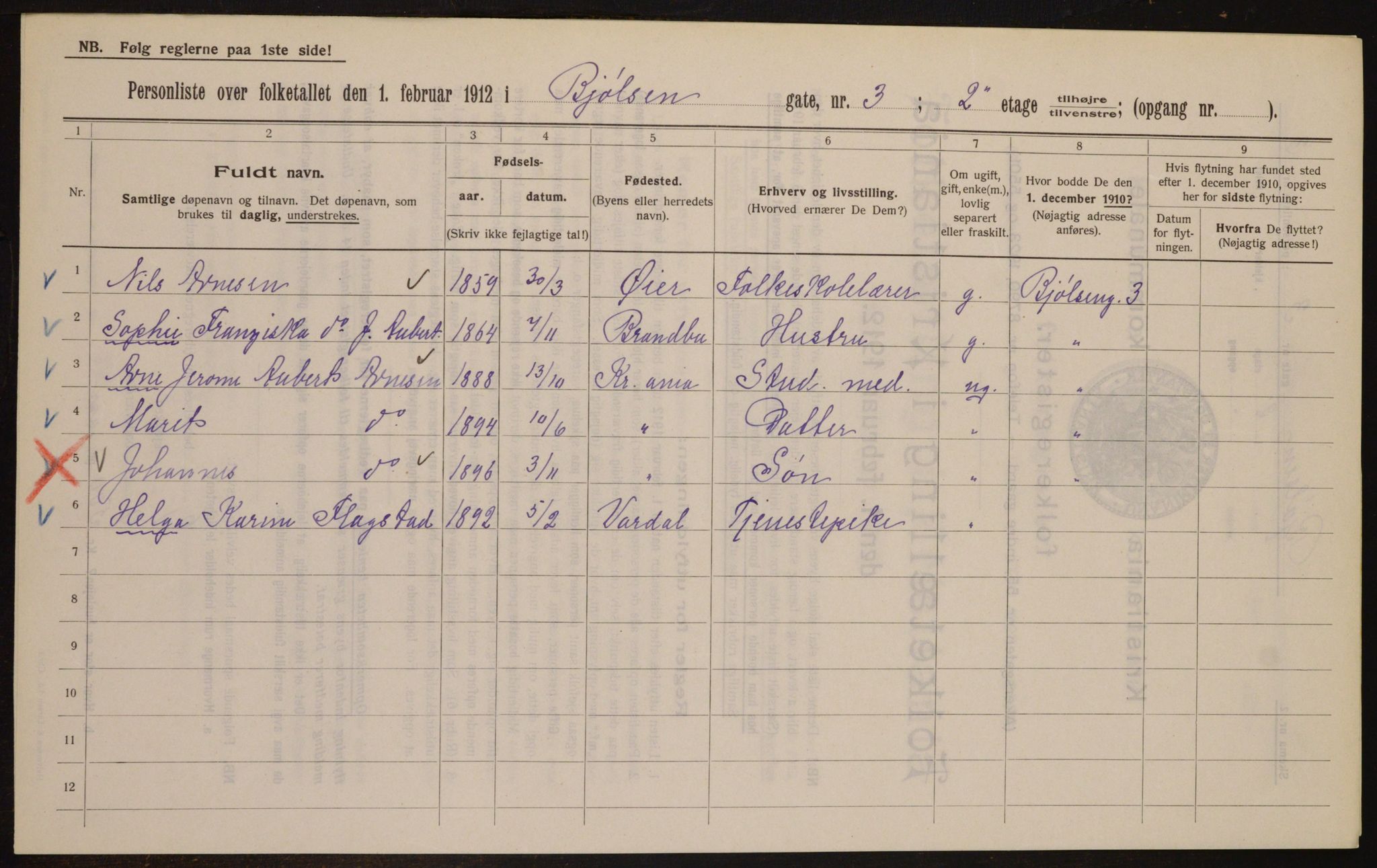 OBA, Municipal Census 1912 for Kristiania, 1912, p. 6306