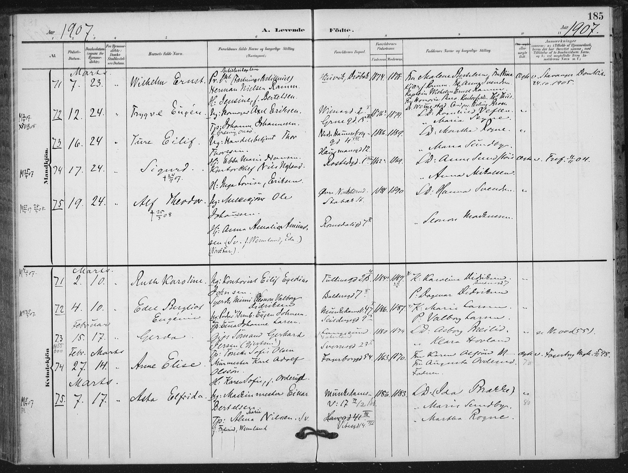 Rikshospitalet prestekontor Kirkebøker, AV/SAO-A-10309b/F/L0013: Parish register (official) no. 13, 1905-1908, p. 185