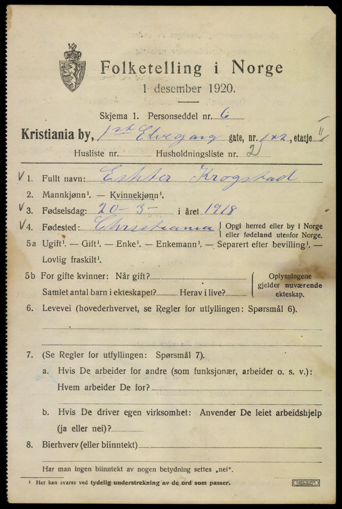 SAO, 1920 census for Kristiania, 1920, p. 215085