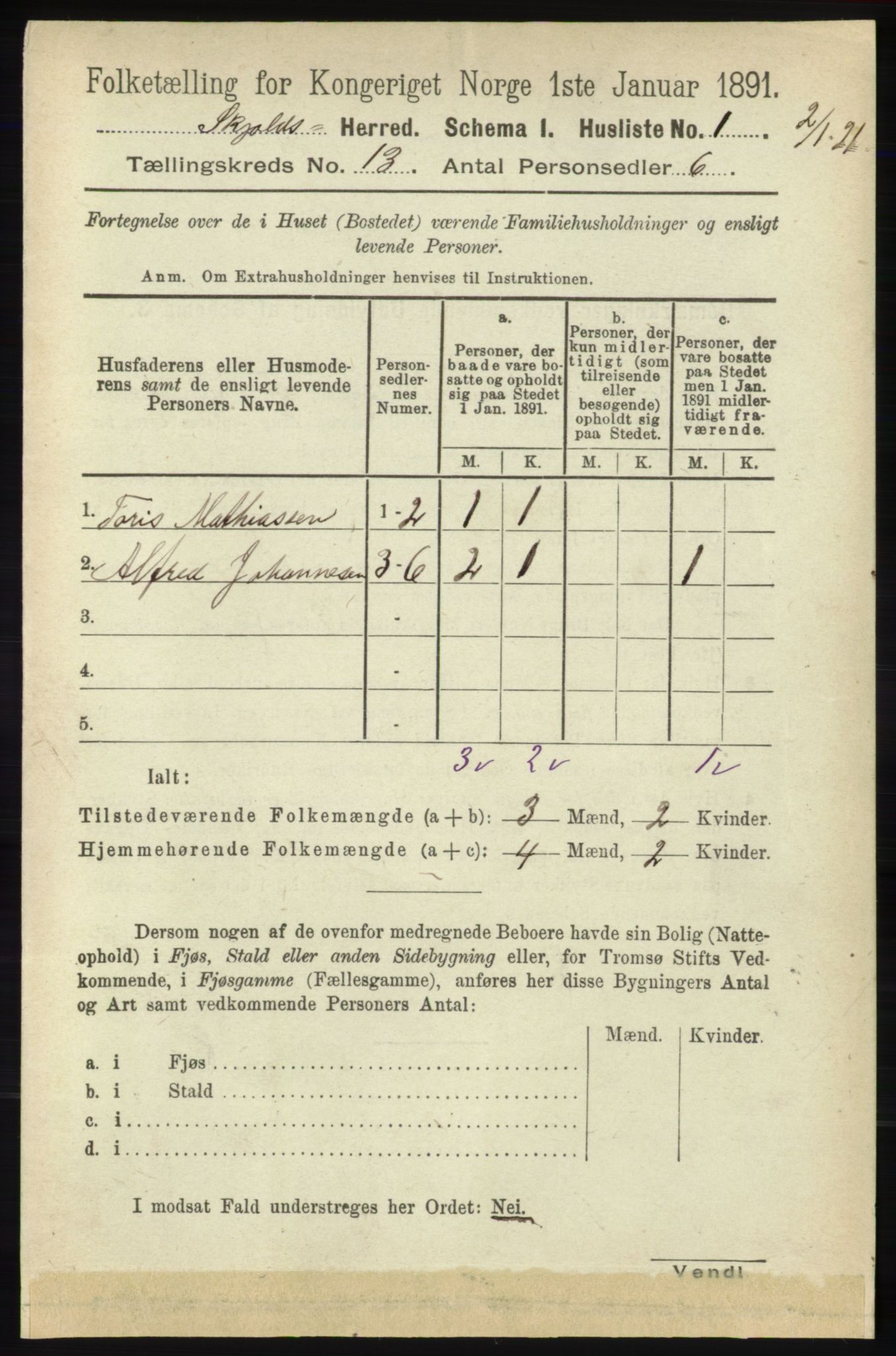 RA, 1891 census for 1154 Skjold, 1891, p. 2371