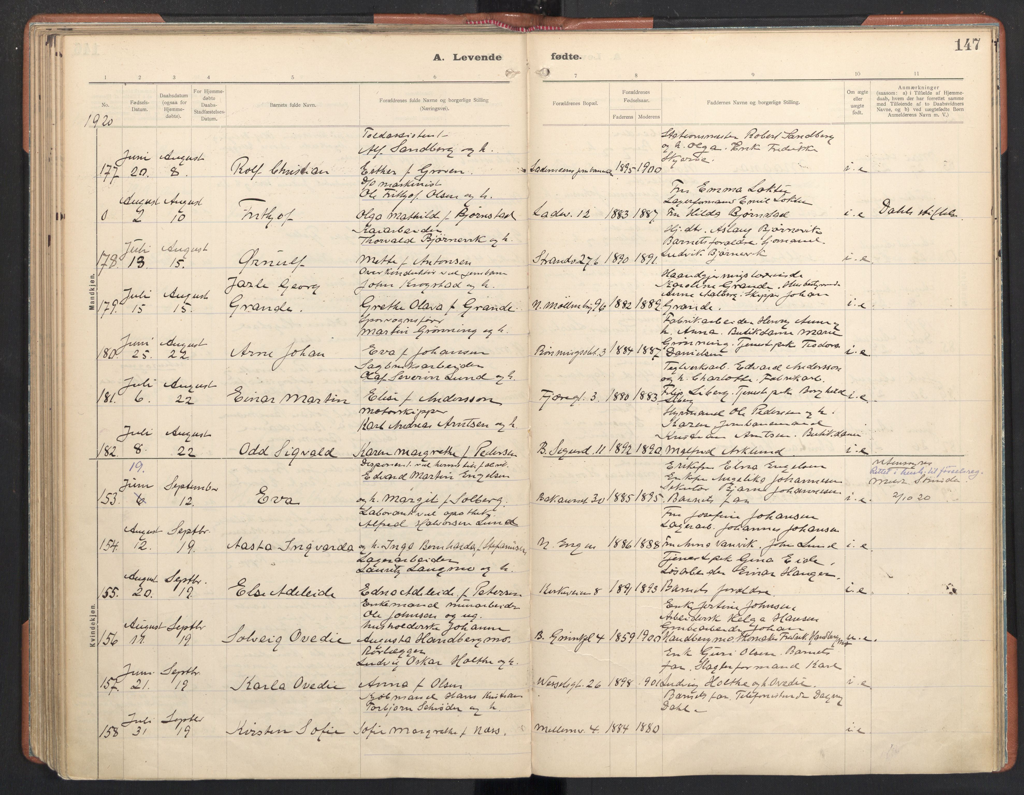 Ministerialprotokoller, klokkerbøker og fødselsregistre - Sør-Trøndelag, SAT/A-1456/605/L0246: Parish register (official) no. 605A08, 1916-1920, p. 147