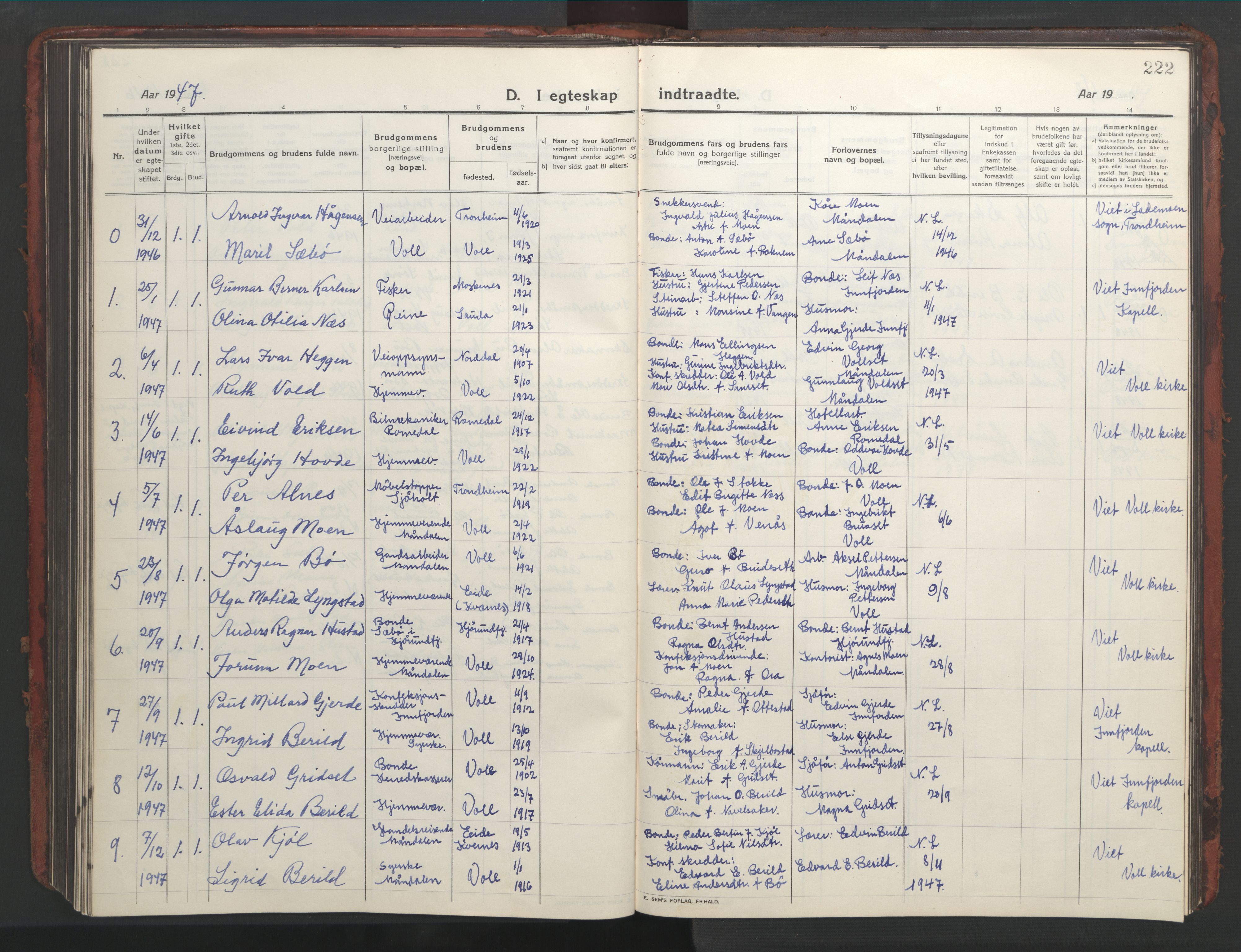 Ministerialprotokoller, klokkerbøker og fødselsregistre - Møre og Romsdal, SAT/A-1454/543/L0565: Parish register (copy) no. 543C03, 1916-1955, p. 222