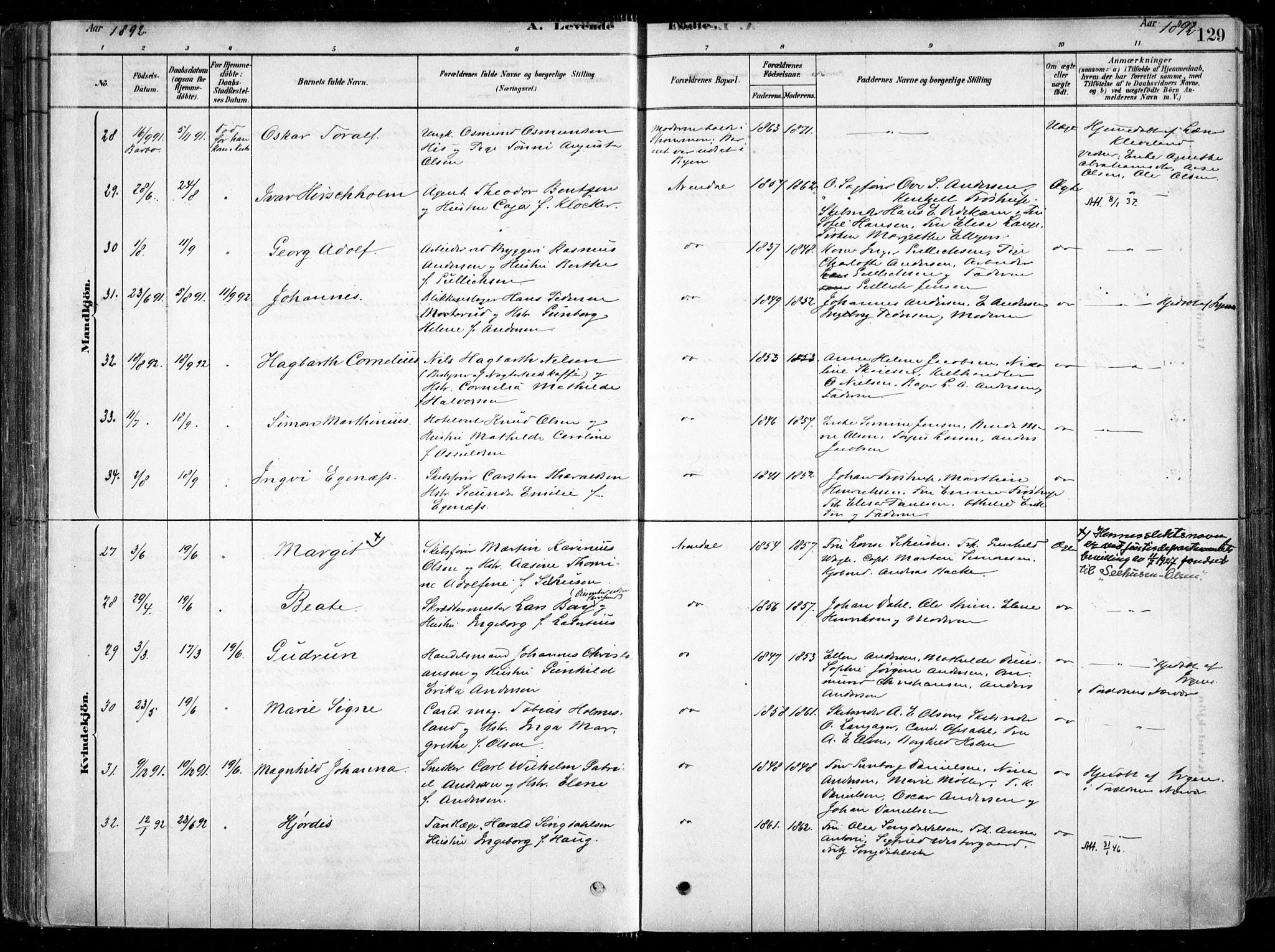 Arendal sokneprestkontor, Trefoldighet, SAK/1111-0040/F/Fa/L0008: Parish register (official) no. A 8, 1878-1899, p. 129