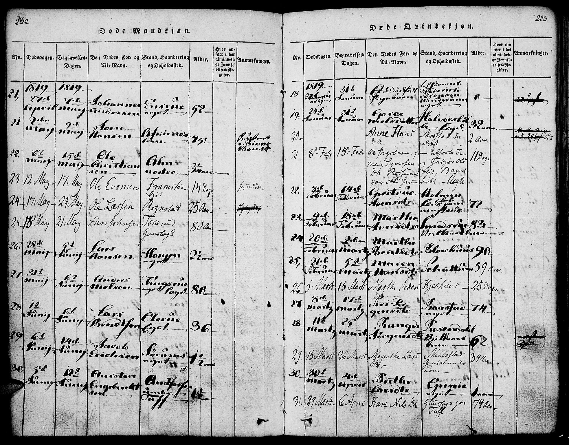 Gran prestekontor, AV/SAH-PREST-112/H/Ha/Haa/L0009: Parish register (official) no. 9, 1815-1824, p. 222-223